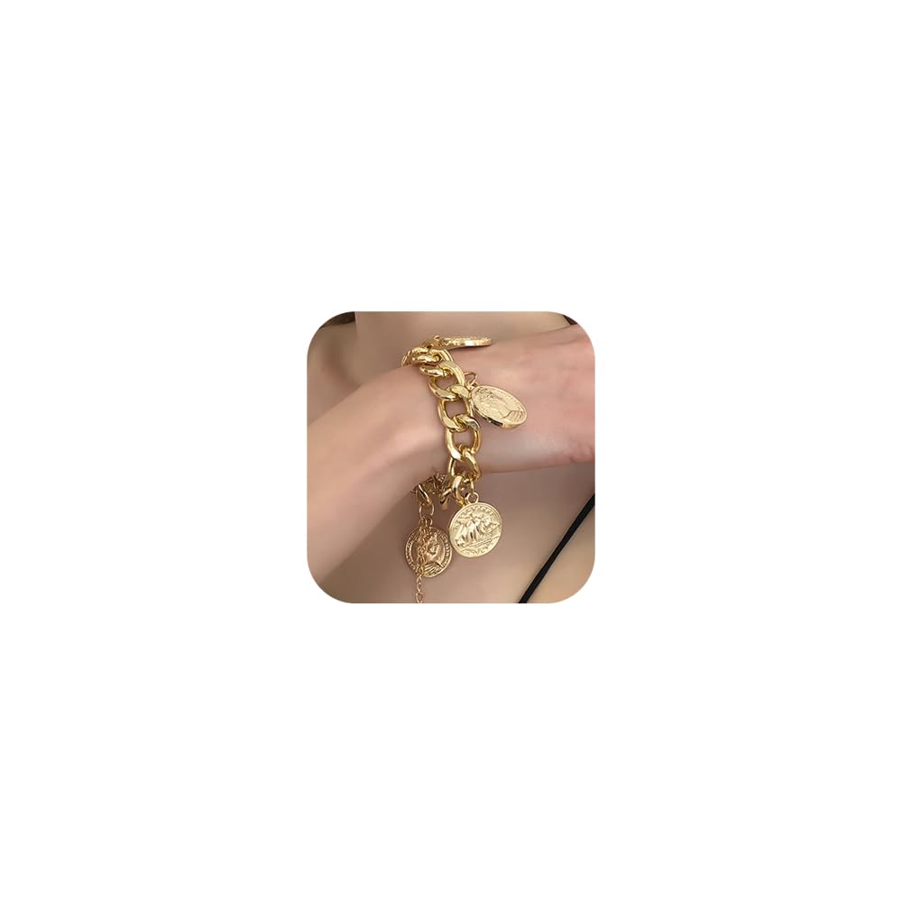 Chunky Chain Bracelet for Women - Punk Cuban Curb Link Bracelet with Golden Coin Charm | Stylish Statement Jewelry for Casual Outfits, Parties & Everyday Wear