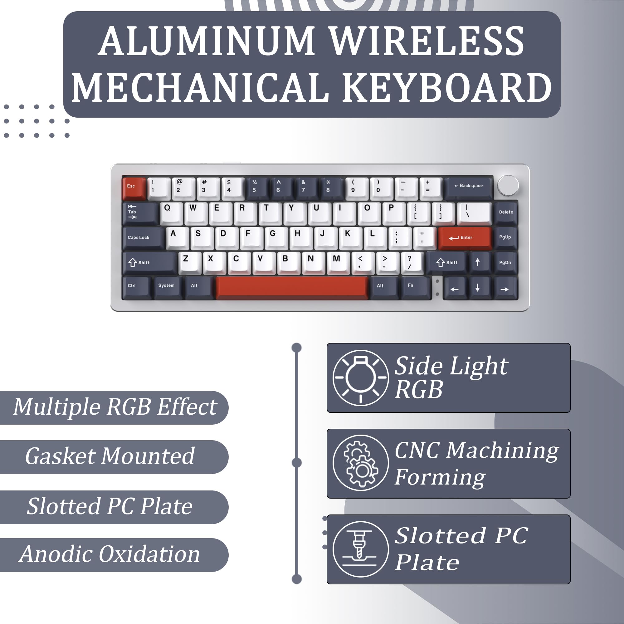 EMB Nabi Series NB1 65% Wireless Mechanical Gaming Keyboard - 66 Keys, CNC Aluminum Frame, RGB Backlit, Hot-Swappable Switches, 4600mAh Battery, Milk Linear Switches, Wired/Bluetooth/2.4G Connectivity (Silver/Blue) - Perfect for PC Gaming, Office Work, and Typing Enthusiasts