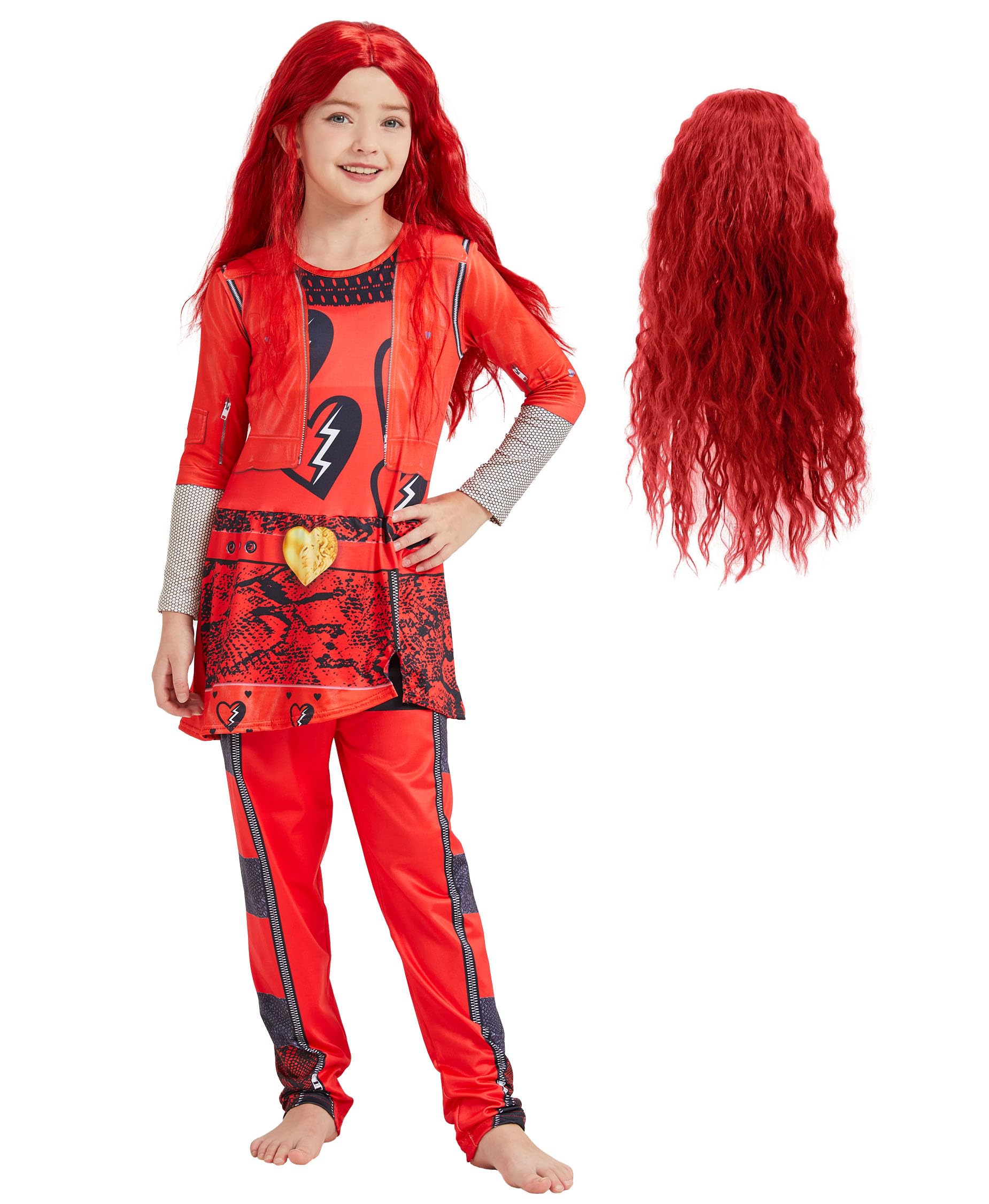 Red Princess Costume for Girls with Wig - Kids Halloween Party Dress Up Jumpsuit | Perfect for Halloween, Cosplay, Birthday Parties & Dress-Up Play