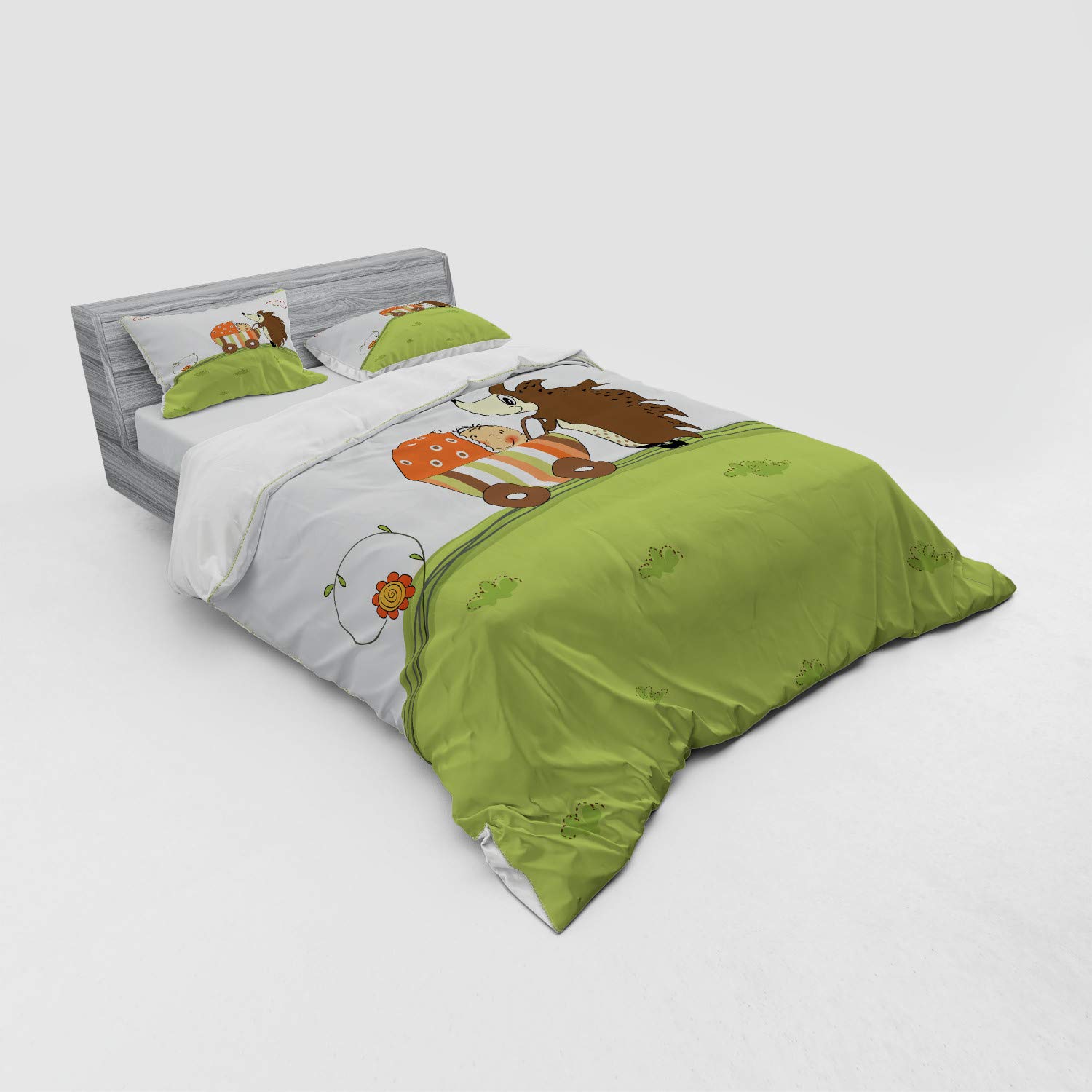 Ambesonne Funny Hedgehog Pushing Stroller Duvet Cover Set - 3 Piece Queen Size Bedding with Sham & Fitted Sheet in Green Pale Blue - Perfect for Kids' Rooms, Nursery Decor & Whimsical Home Design