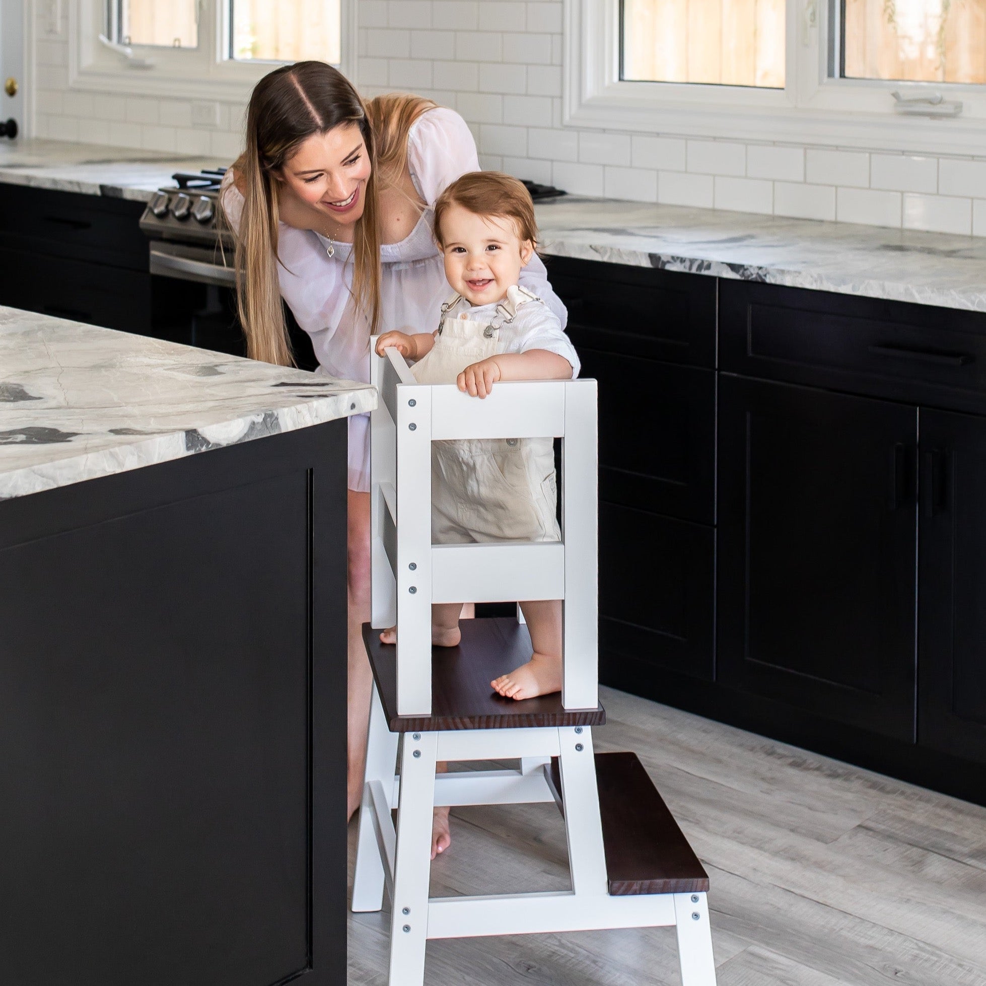 Classic Wooden Learning Tower for Toddlers - Walnut & White Finish - Montessori Kitchen Helper Step Stool for Kids - Safe & Sturdy Toddler Standing Tower for Cooking, Baking & Play