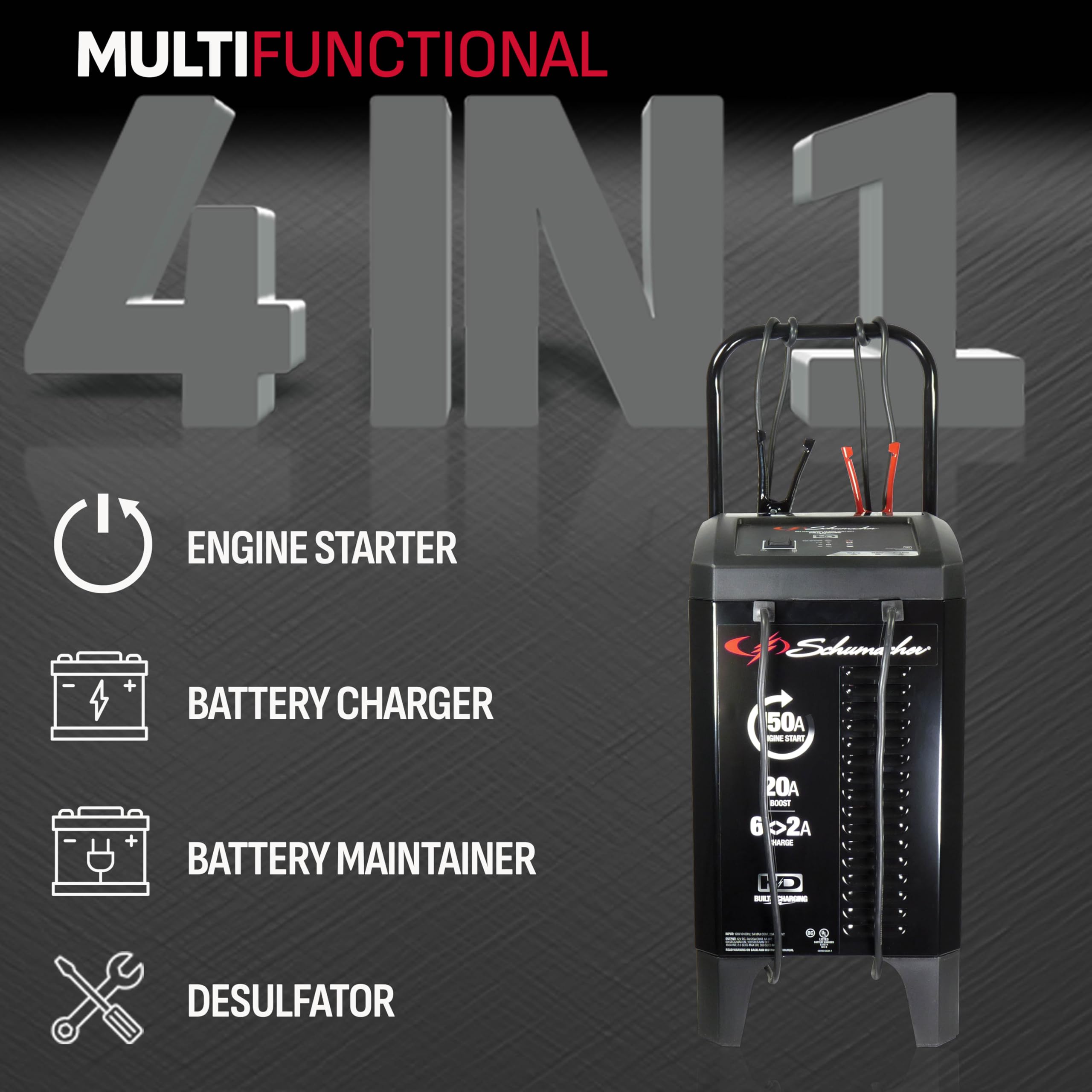 Schumacher SC1364 4-in-1 Fully Automatic 12V Battery Charger & Engine Starter - 150 Cranking Amps, 20A Boost for Cars, SUVs, Trucks & Marine Batteries | Emergency Jump Start & Winter Vehicle Maintenance