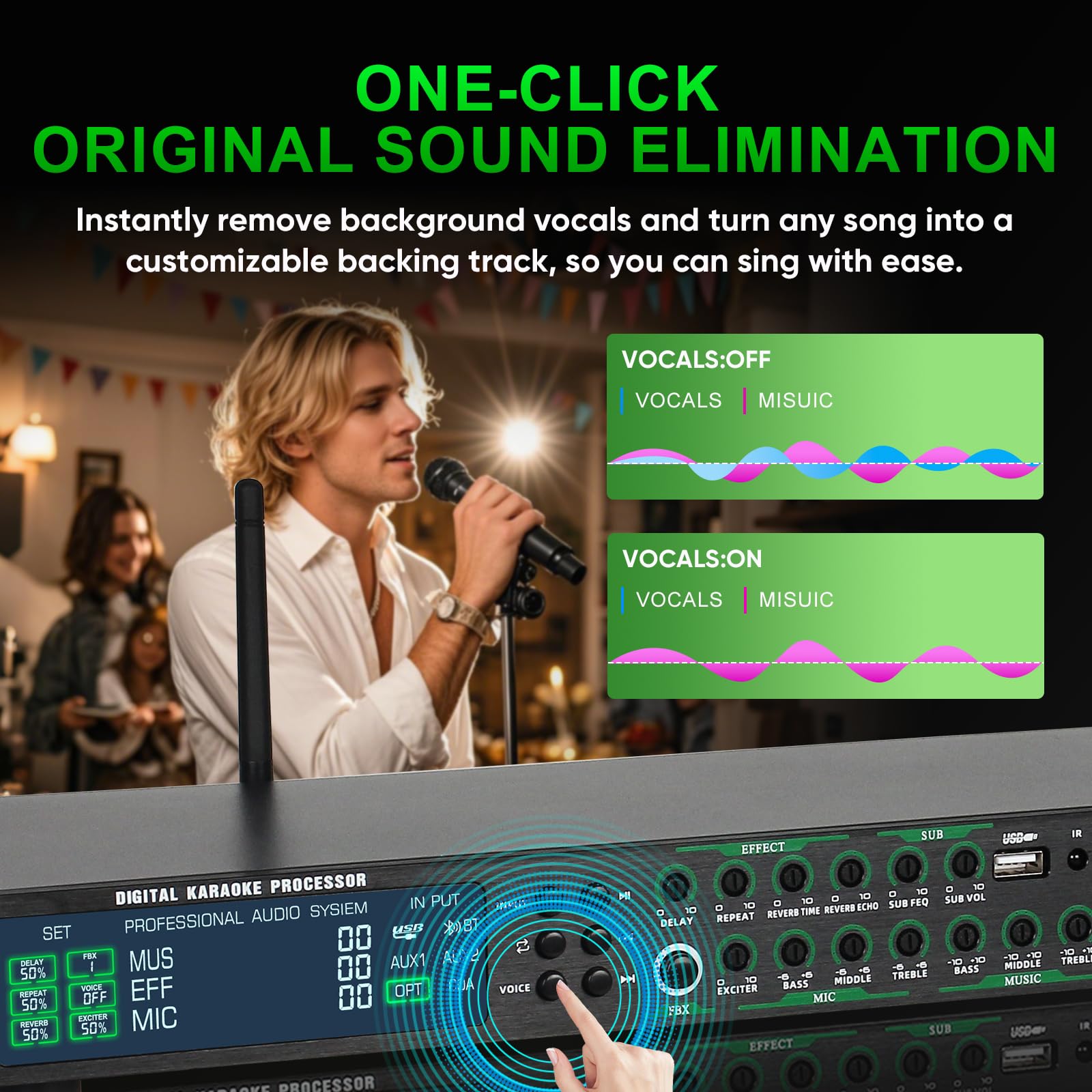 Professional AX-666 Karaoke Mixer System with Dual Wireless Mics, DSP Anti-Feedback, USB/MP3/Bluetooth - Perfect for Home KTV, Parties & Stage Performances
