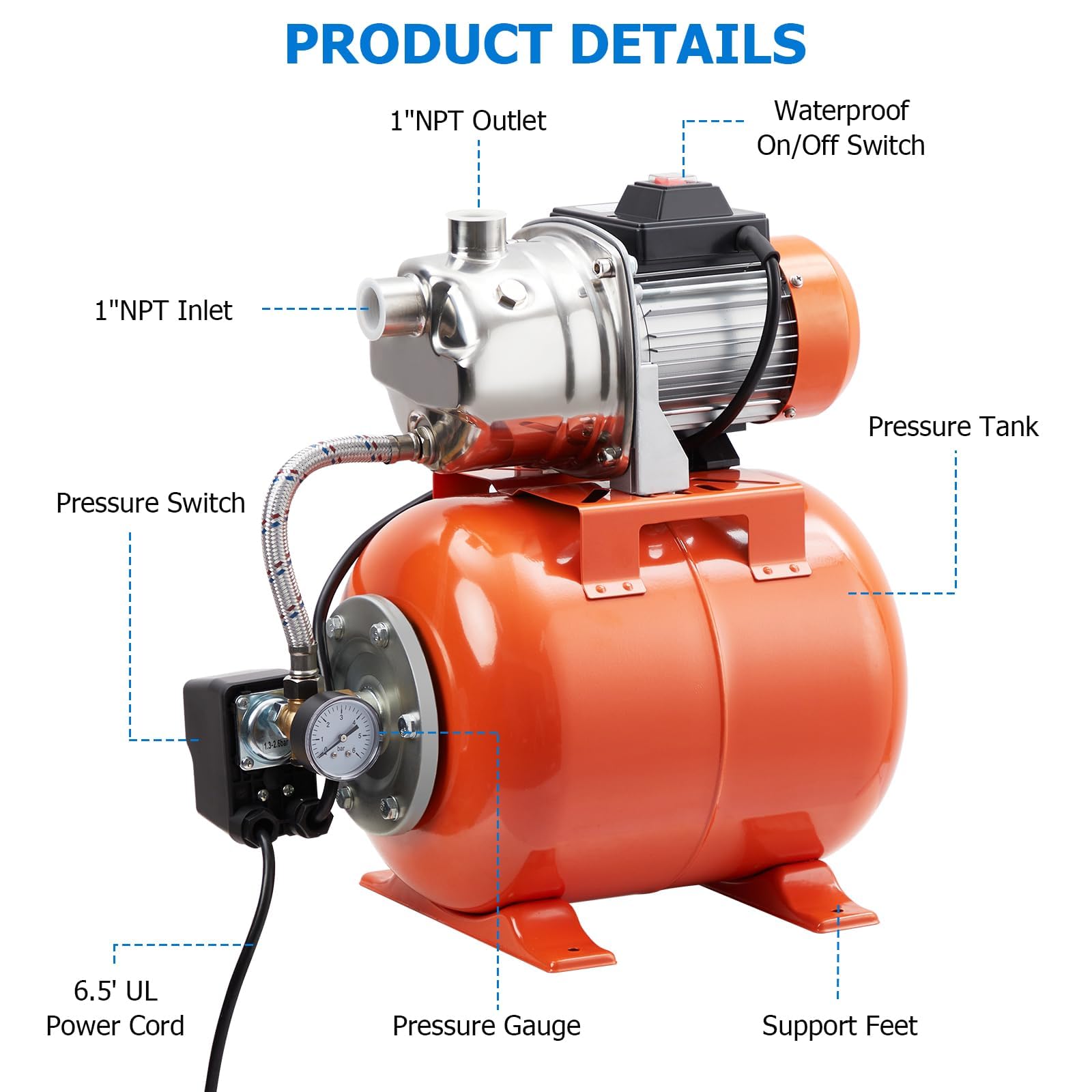 1.6HP Shallow Well Pump with Pressure Tank - 115V Stainless Steel Water Transfer Pump for Home, Garden, Pool & Lawn Irrigation - Automatic Water Booster Jet System | Perfect for Residential Water Supply, Agricultural Irrigation & Outdoor Watering
