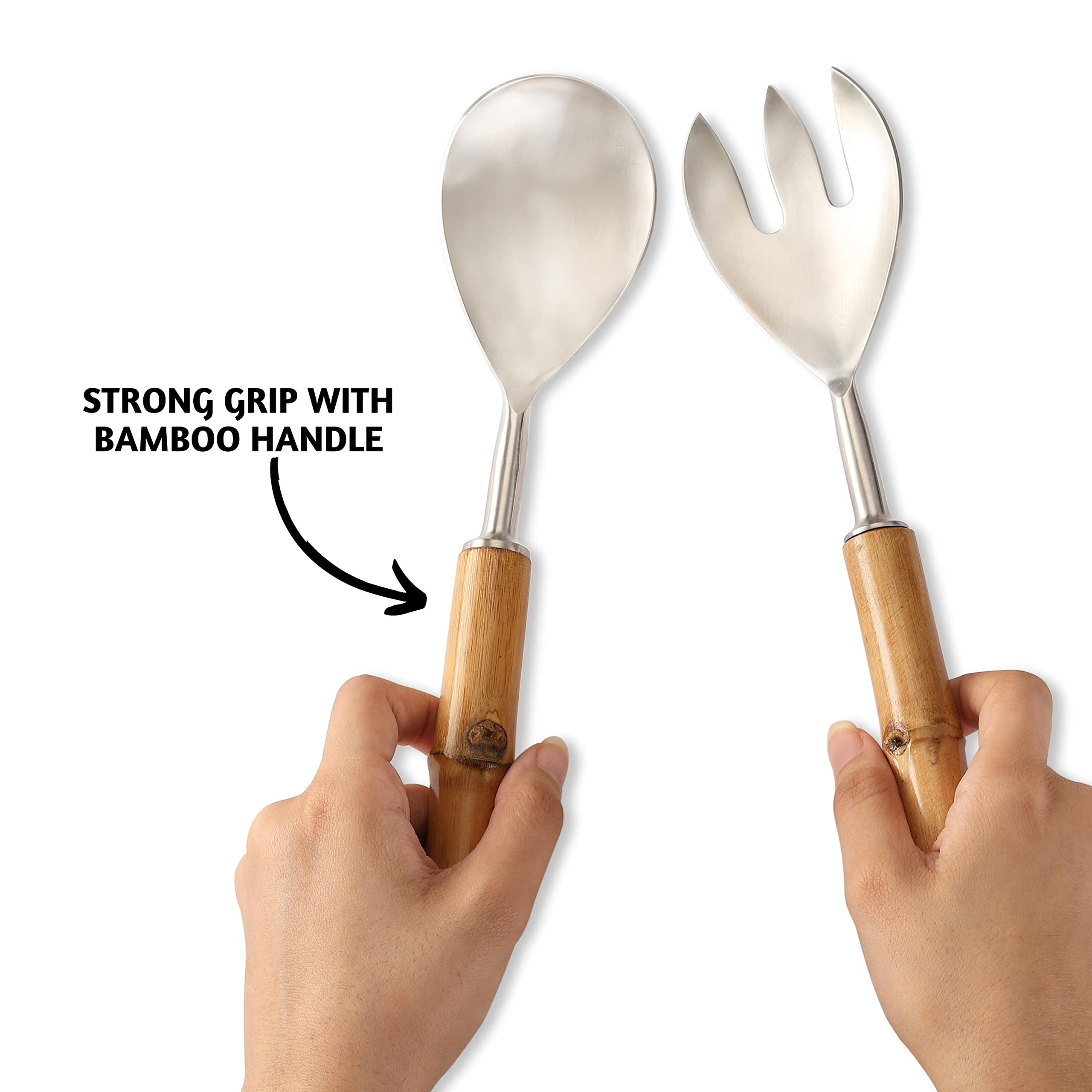 Folkulture Stainless Steel Salad Servers Set - 12 Inch Tongs, Spoon & Fork with Bamboo Handle for Modern Cooking (Silver) - Perfect for Salad Bars, BBQs, and Dinner Parties