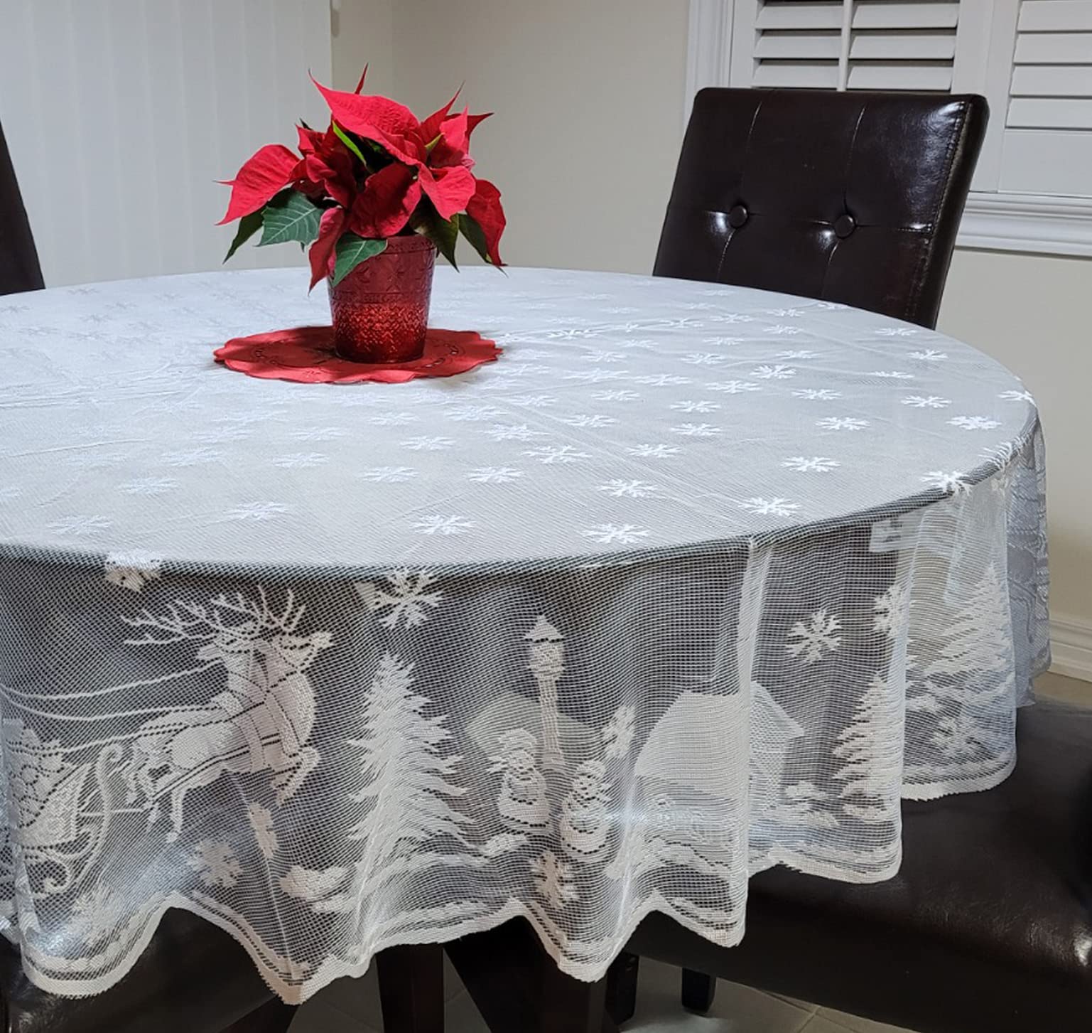 70 Inch Round White Lace Tablecloth with Snowflake & Elk Prints - Holiday Christmas Dining Decor for Parties, Weddings & Festive Gatherings