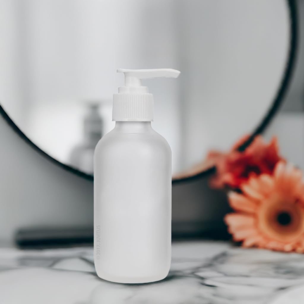 4 oz Frosted Clear Glass Boston Round Bottle with White Lotion Pump (6 Pack) + Funnel - Perfect for DIY Beauty, Essential Oils, and Hand Sanitizer Dispensers - Ideal for Home, Salon, and Spa Use