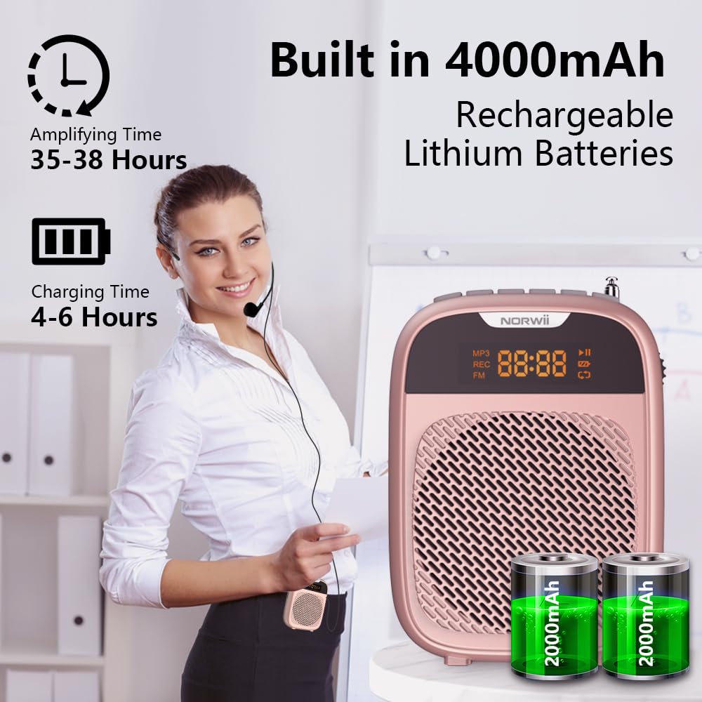 NORWII Mini Voice Amplifier Portable Rechargeable Bluetooth Speaker 4000mAh with Wired Microphone - Personal PA System for Teachers, Tour Guides, Meetings & Coaches (Rose Gold) | Wireless Microphone for Presentations, Outdoor Events & Public Speaking
