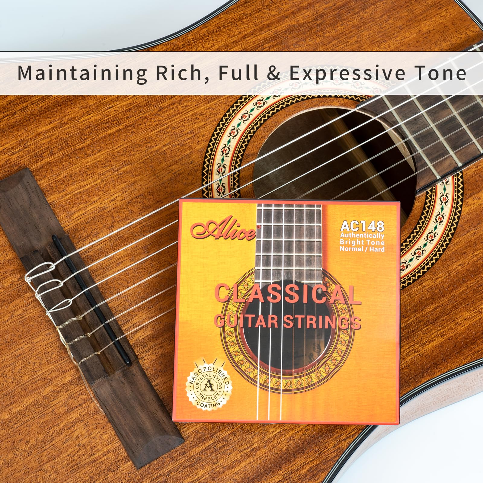 Alice Nylon Classical Guitar Strings Set - 6 Strings with Anti-Rust Silver Plated Coating & Tie End (Normal Tension, 1 Pack) | Perfect for Classical & Flamenco Guitar Players