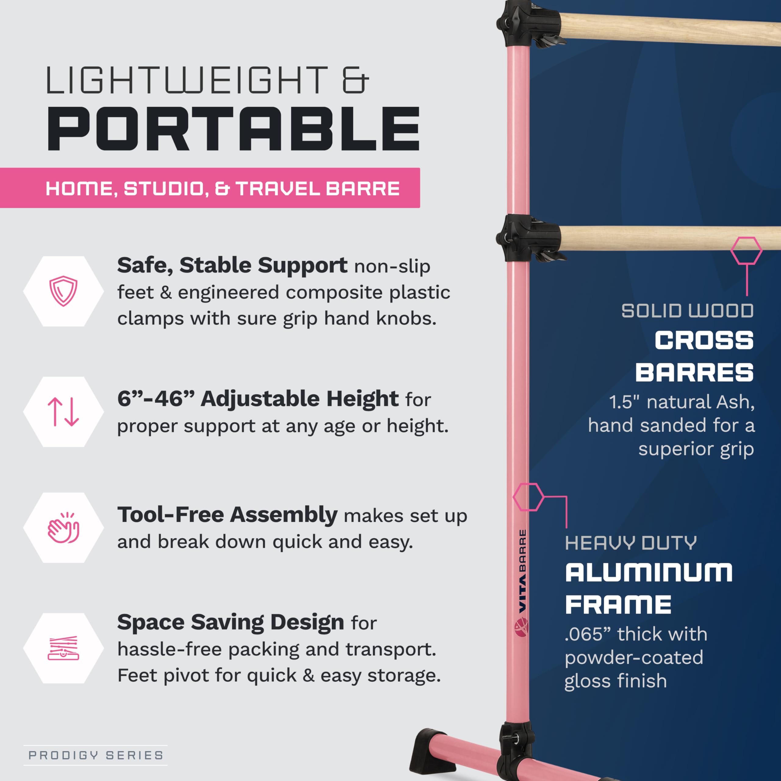 Portable Freestanding Double Ballet Barre - Adjustable Height for Dance, Fitness & Pilates | USA Made Wood Barre for Home & Gym Use | Kids & Adults Exercise Equipment | Perfect for Ballet Practice, Stretching & Workout Routines