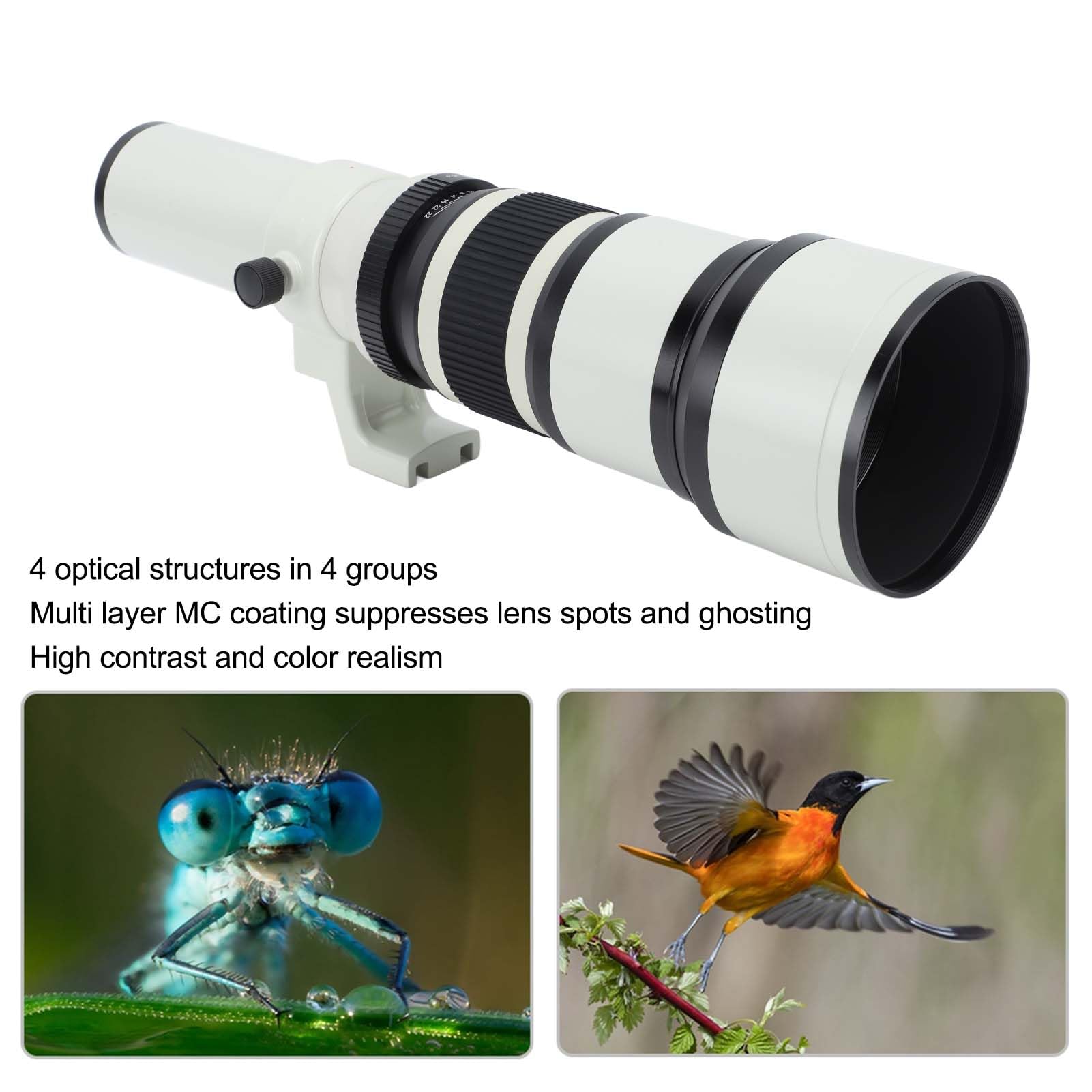 500mm F/6.3 Manual Focus Prime Telephoto Lens with T2 Mount Adapter - High Quality EF Bayonet Lens for DSLR Cameras | Perfect for Astrophotography, Bird Watching & Long Distance Photography (White)