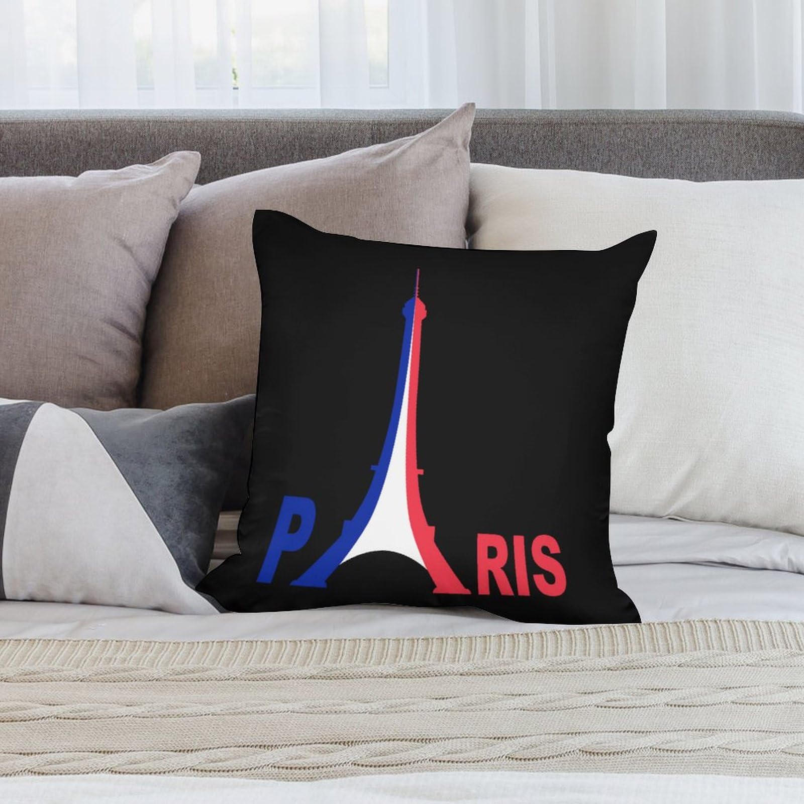 France Flag Eiffel Tower Pillow Cover - Soft Polyester Cushion Case 20x20 Inches for Sofa, Bed, Living Room Decor - Perfect for Home, Office & Travel