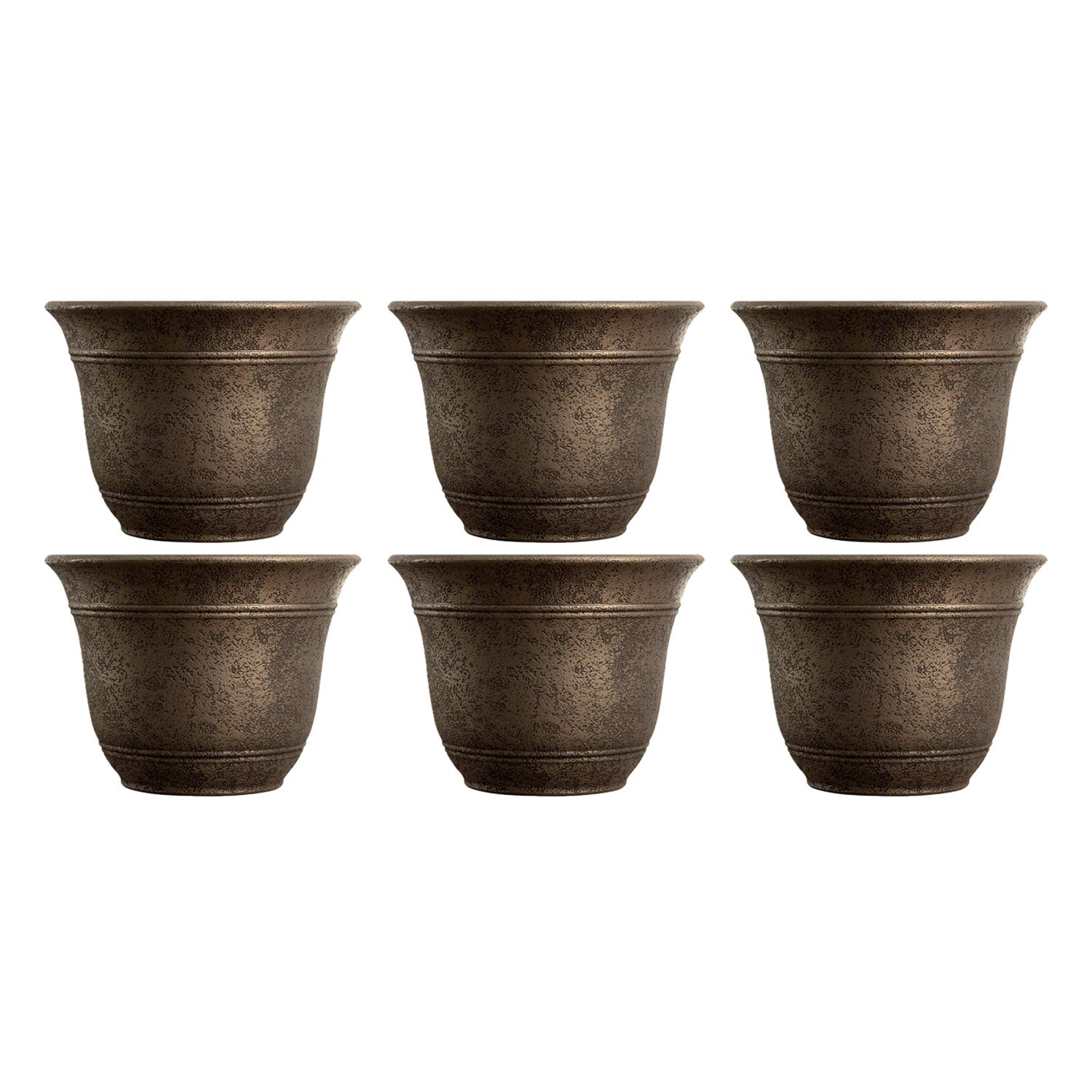 The HC Companies 13 Inch Wide Sierra Round Traditional Plastic Indoor Outdoor Planter Pot for Garden Plants, Flowers, Herbs - Nordic Bronze (6 Pack) - Perfect for Patio, Balcony, Garden & Home Decor