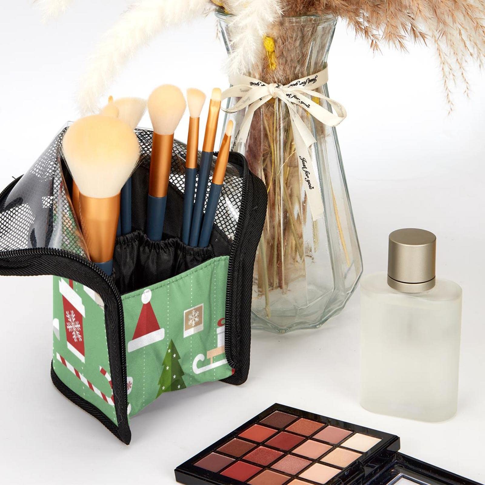 12-Piece Makeup Brush Organizer Bag with Portable Holder Case - Christmas Green Tree Design for Travel & Home Storage