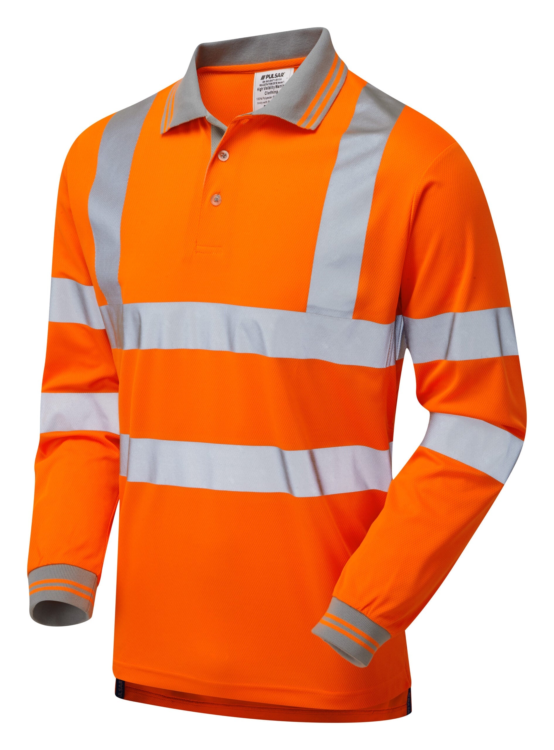 PULSAR PR470 PROTECT HV Orange Long Sleeve Polo Shirt - High Visibility Workwear for Construction, Road Crew & Safety Professionals