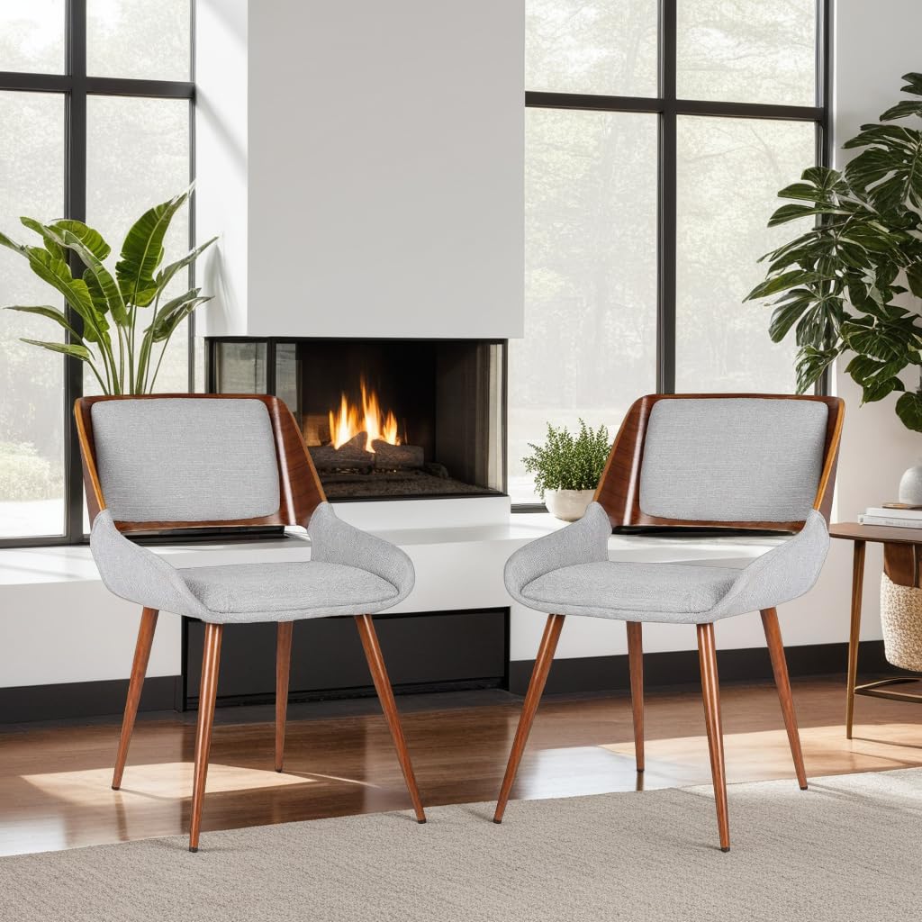 Armen Living Panda Mid Century Modern Dining Chair - Gray Fabric Upholstery & Walnut Wood Finish - Perfect for Kitchen, Office Desk, and Vanity Areas