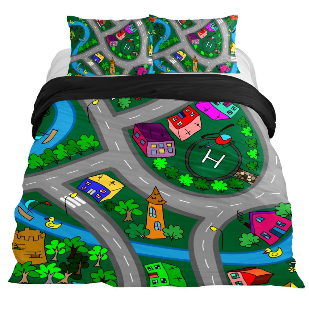Anna Cowper Cartoon Map Roads Cars & Houses 3-Piece Duvet Cover Set - Extra Long Twin Size, Zipper Closure, 4 Corner Ties - Perfect for Kids' Room, Teen Bedroom & Themed Home Decor