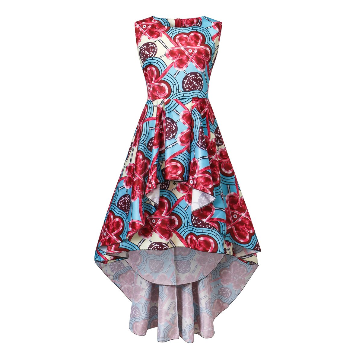 Yeshire Women's African Print Sleeveless High-Low Dashiki Formal Prom Peplum Flare Midi Party Dress - Medium, Pink - Perfect for Weddings, Graduations & Special Occasions