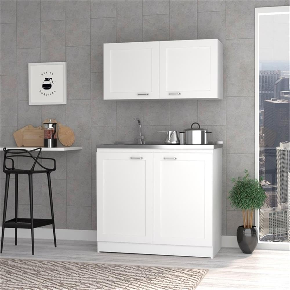 White Perseus Kitchen Cabinet Set - 2-Piece Countertop Storage Organizer for Pantry, Bathroom & Office