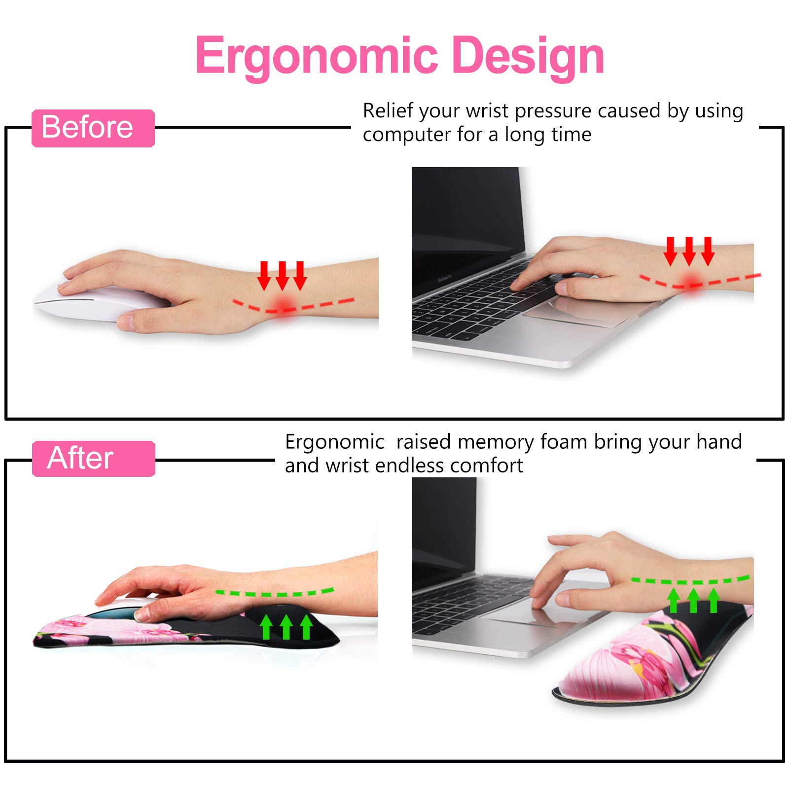 ARTSO Ergonomic Keyboard Wrist Rest & Mouse Pad Set with Memory Foam - Comfortable Wrist Support for Pain Relief, Durable Pink Orchid Butterfly Design - Perfect for Office, Gaming, and Long Computer Work Sessions