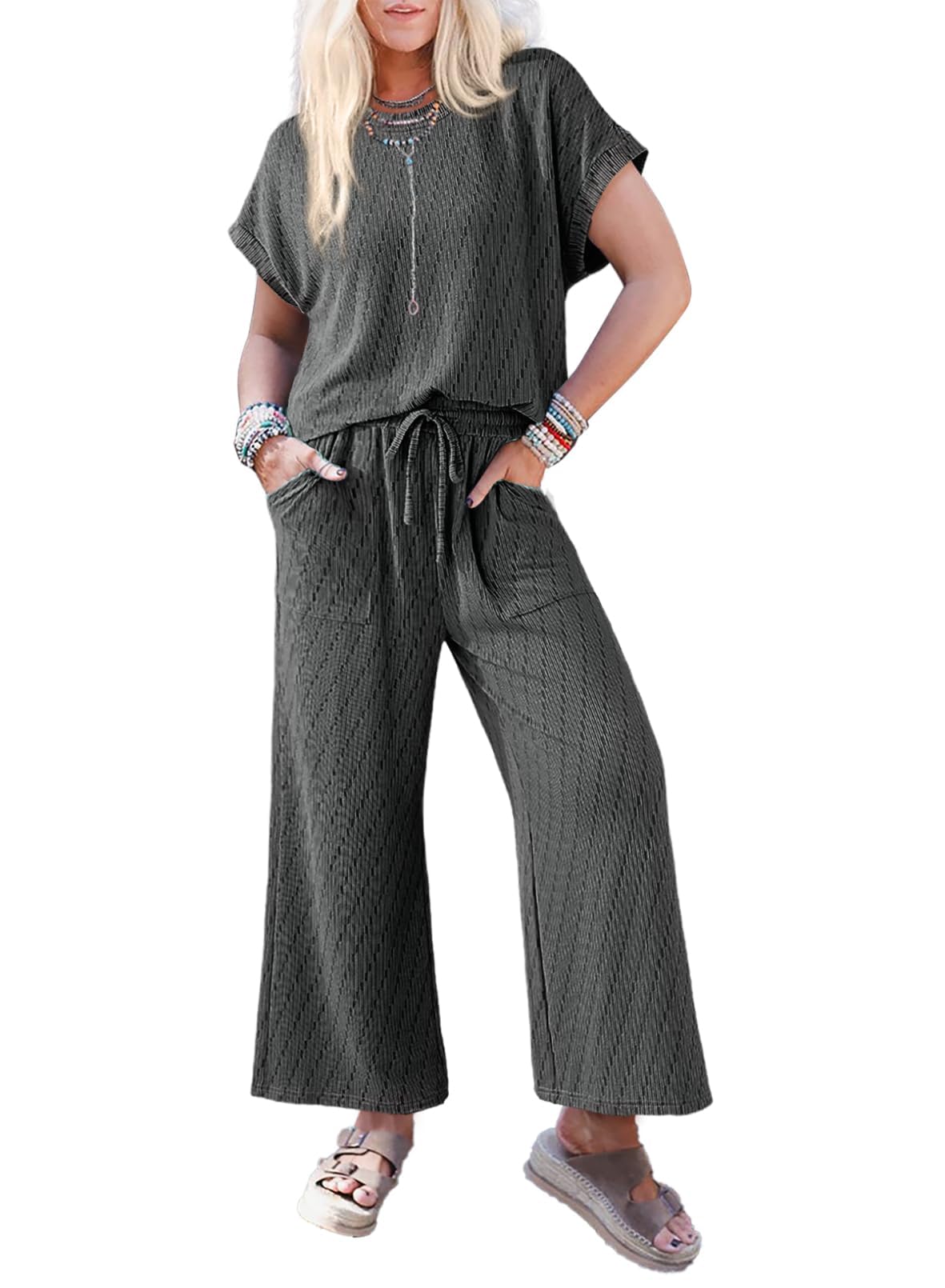 Dokotoo Women's 2-Piece Casual Outfit - Short Sleeve Summer Top & High Waist Wide Leg Pants Lounge Set | Comfortable Loungewear for Home, Travel & Vacation