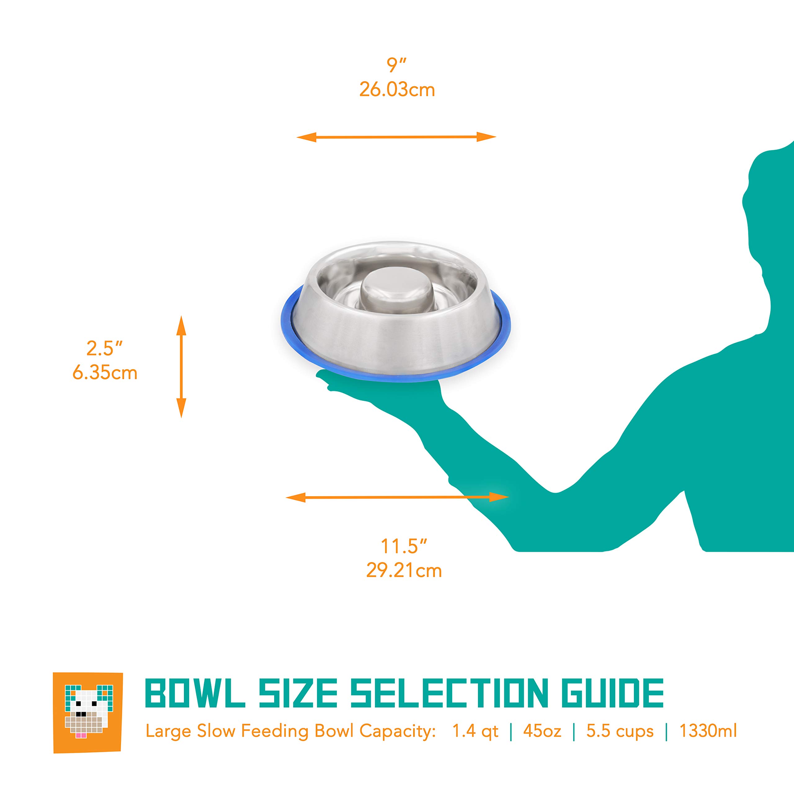 Slow Feeder Dog Bowl with Non-Slip Base - Stainless Steel Pet Food & Water Dish for Dogs & Cats - 45oz Capacity, Durable & Spill-Proof - Perfect for Fast Eaters, Mealtime Enrichment & Puzzle Feeding (Metallic Silver/Blue)