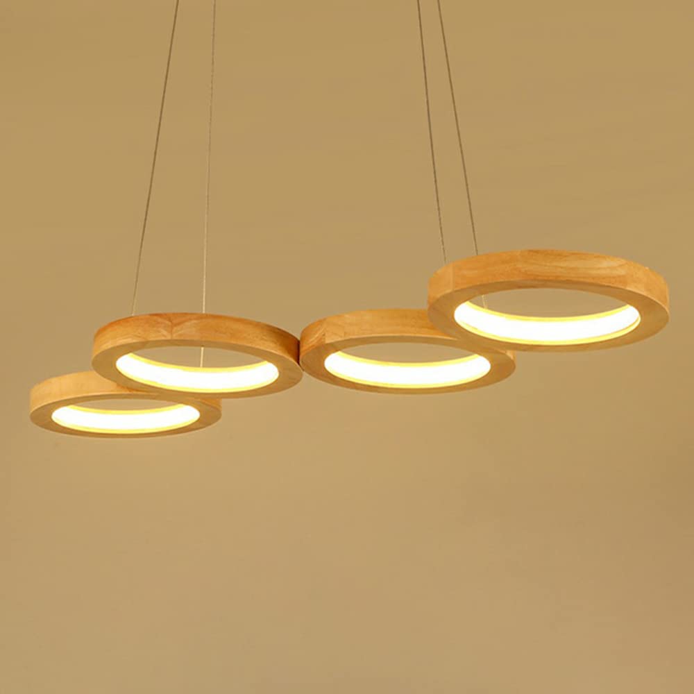 Dimmable LED Kitchen Island Pendant Light with Wood & Acrylic Shade - Modern Minimalist Hanging Lamp for Dining Room & Restaurant - Remote Control Stepless Dimming 5 Rings - Perfect for Kitchen Counter, Bar Counter, and Dining Table Lighting