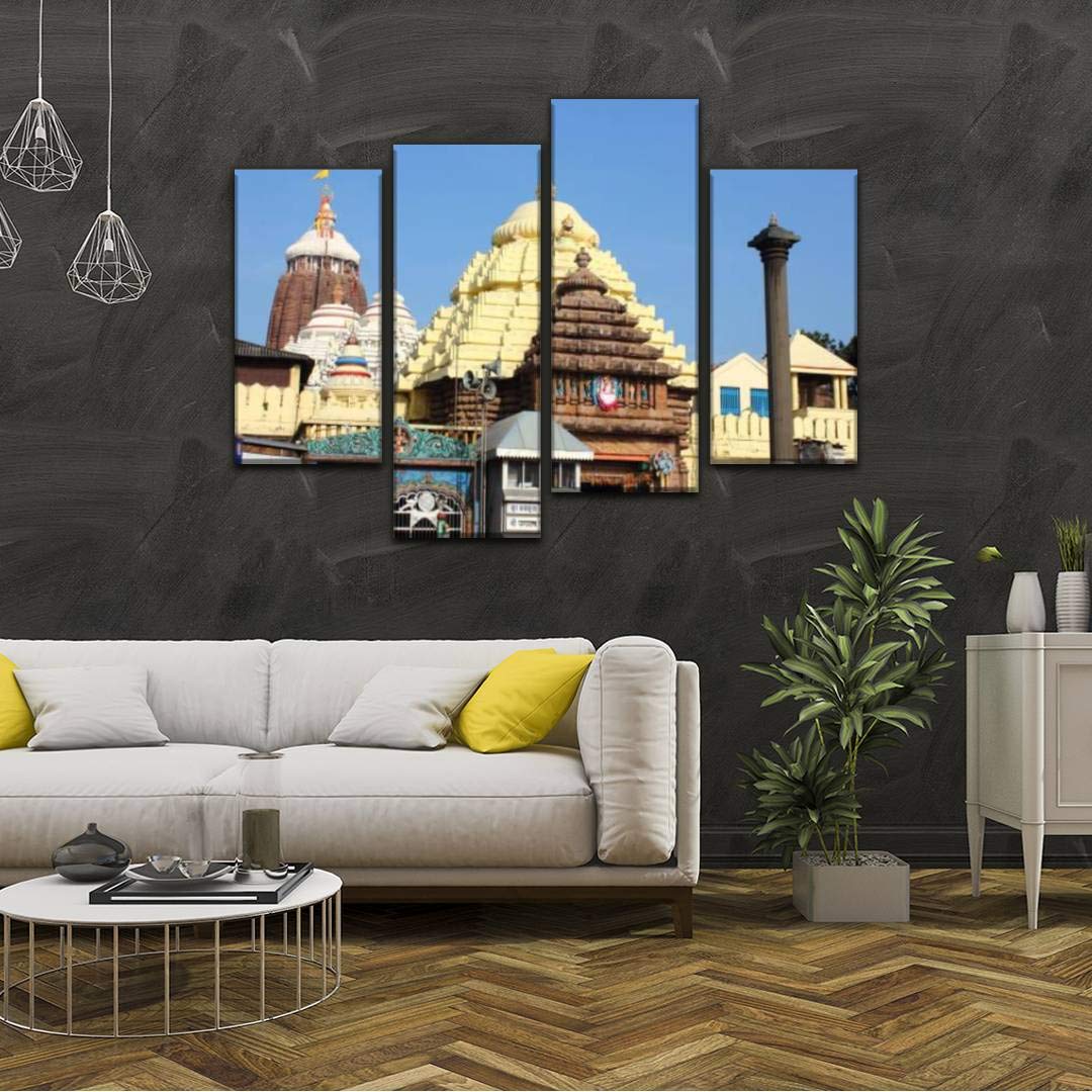 4 Panels Canvas Wall Art - The Shree Jagannath Temple at Puri India - Modern Framed Poster Paintings Ready to Hang for Home & Office Decor | Perfect for Living Room, Bedroom, or Meditation Space