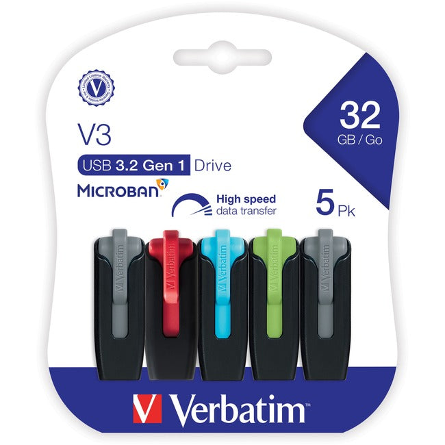 32GB Store N Go V3 USB 3.0 Flash Drive 5-Pack (Assorted Colors) - High-Speed Data Transfer for Office, School & Travel Storage