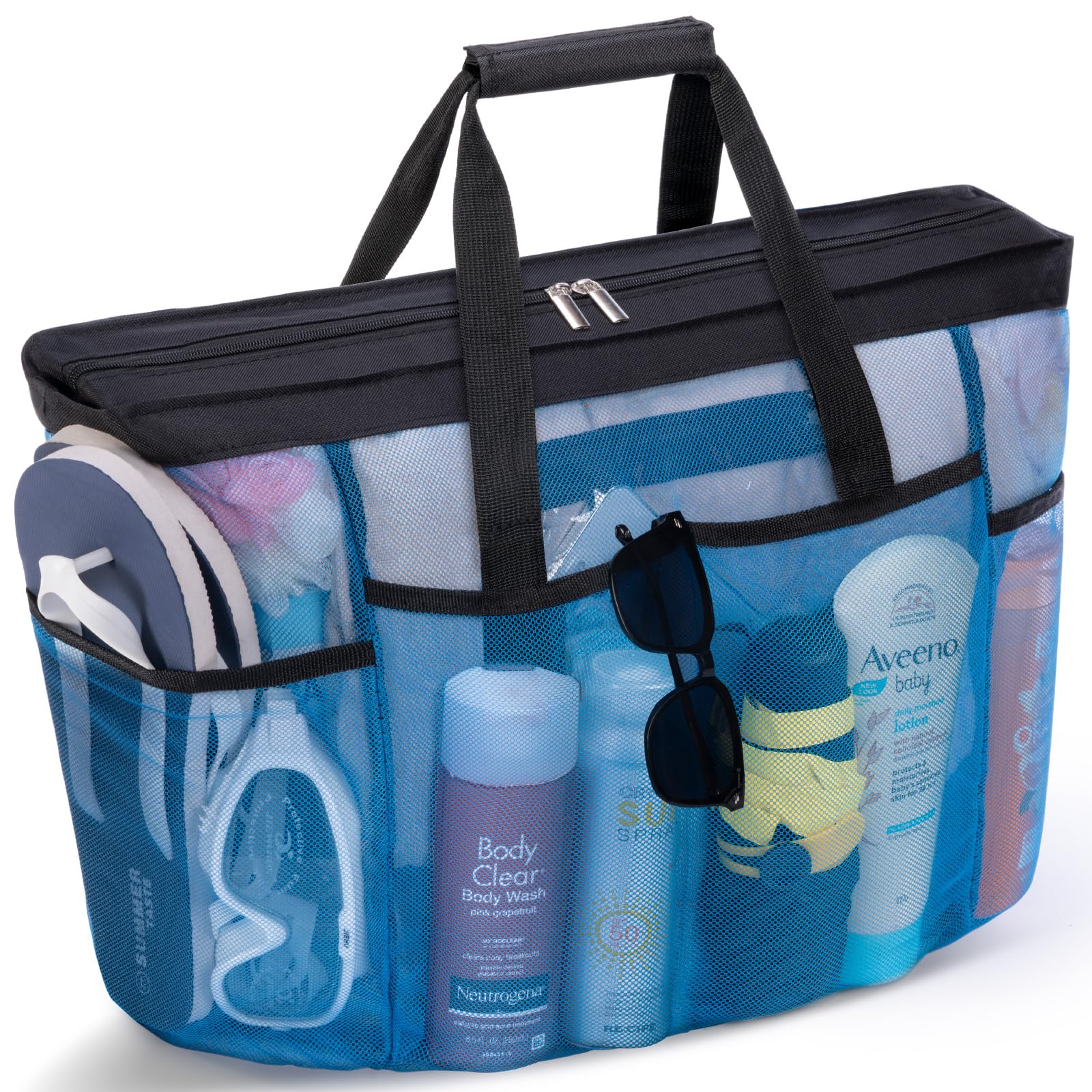 Lifewit Large Mesh Beach Tote Bag for Women with Zipper & Pockets - Lightweight Waterproof Shower Caddy, Perfect for Pool, Vacation & Travel Essentials - Family Beach Basket Organizer in Swimmers Blue