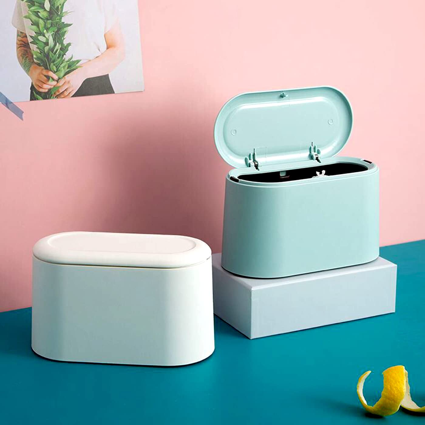 Mini Trash Can with Lid - Small Removable Garbage Bin, Compact Plastic Waste Basket for Bathroom, Office, Kitchen, Desk & Coffee Table - Perfect for Home, Office & Travel Use (Sky Blue)