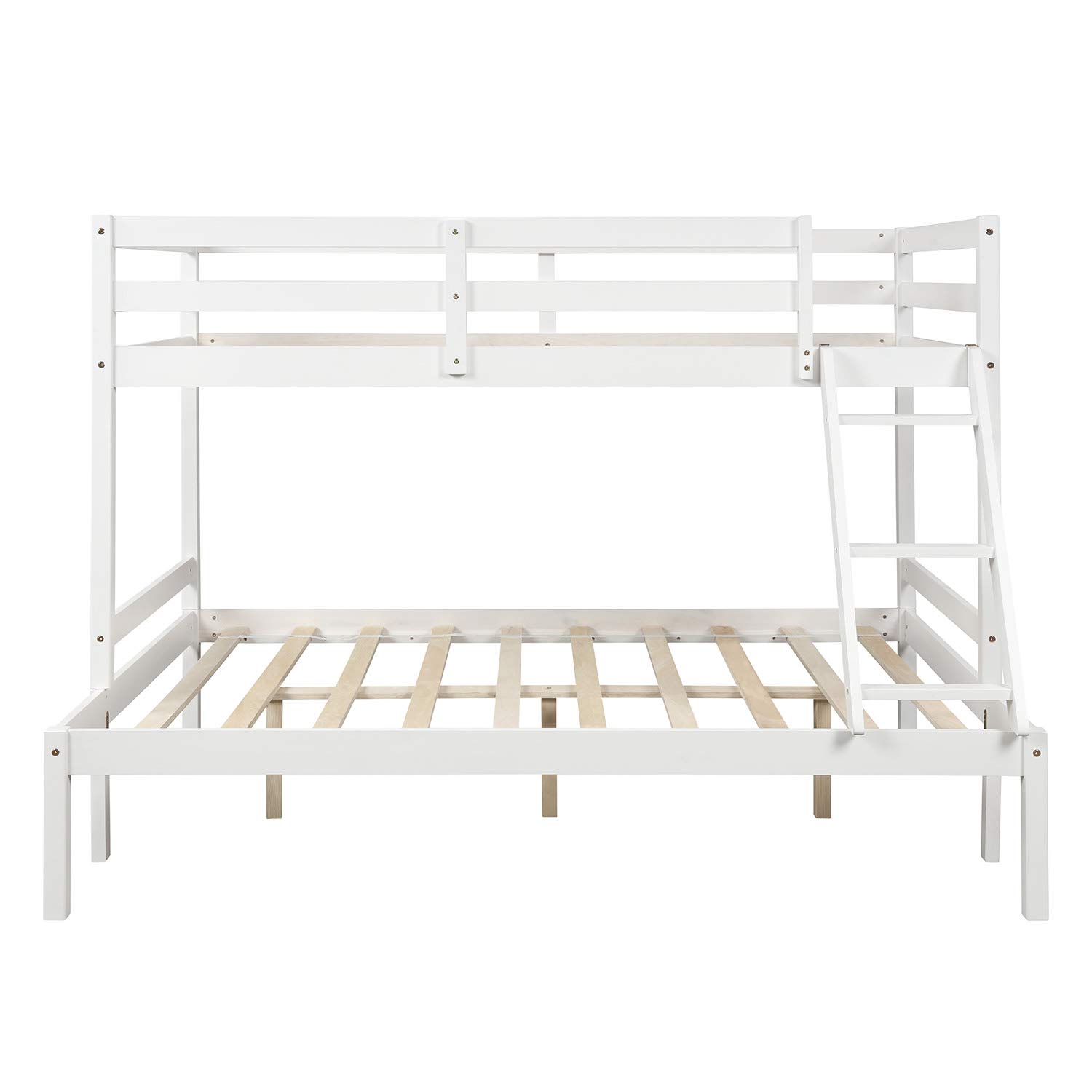 Solid Wood Twin Over Full Bunk Bed with Guardrail & Ladder - Convertible to Twin Loft Bed or Full Size Bed - Wood Slat Support - No Box Spring Needed (White) - Perfect for Kids' Rooms, Guest Rooms & Space-Saving Bedroom Solutions