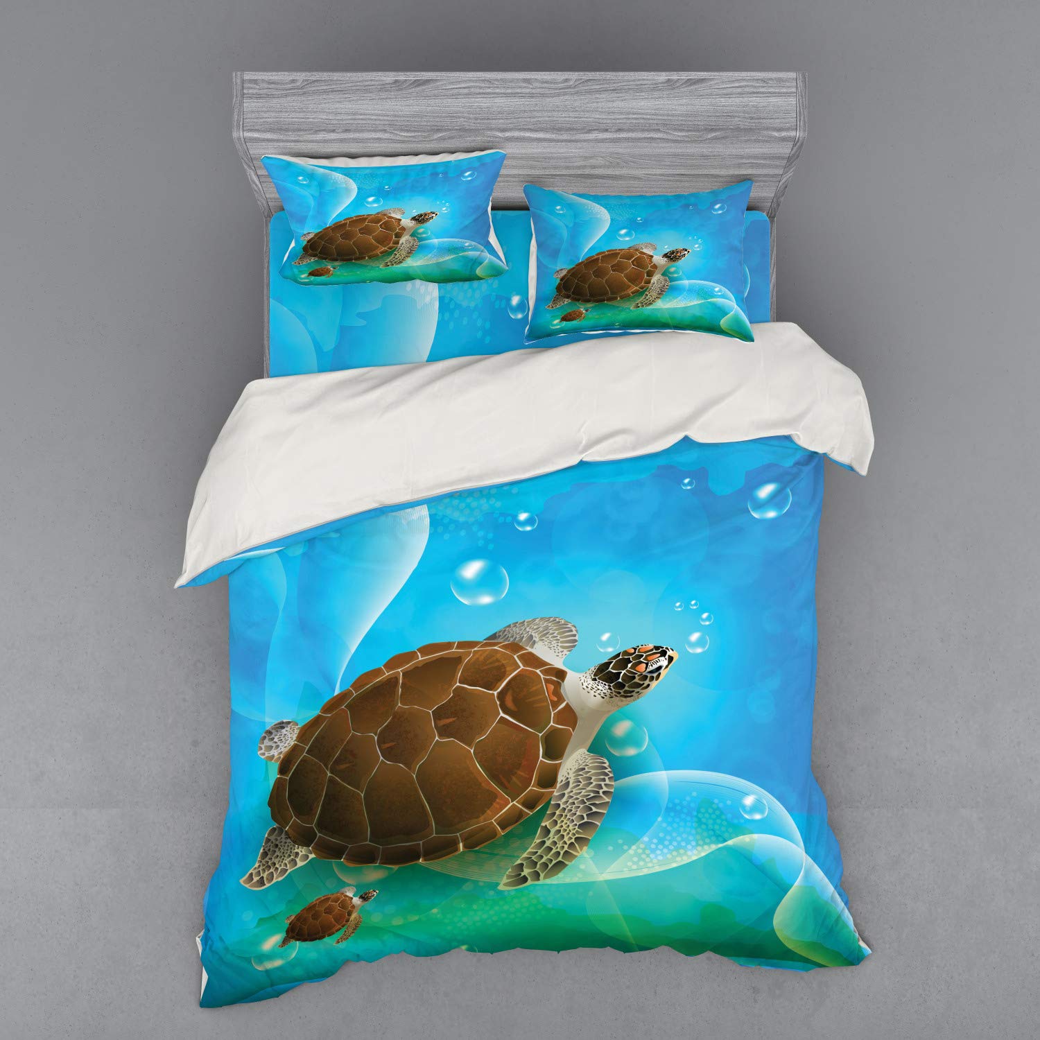 Ambesonne Ocean Themed Duvet Cover Set - Turtle Family Swimming in Bubbles Underwater Cartoon Design, 4-Piece Queen Size Bedding Set with Shams & Fitted Sheet, Green Blue Brown - Perfect for Kids' Rooms & Beach Themed Bedrooms