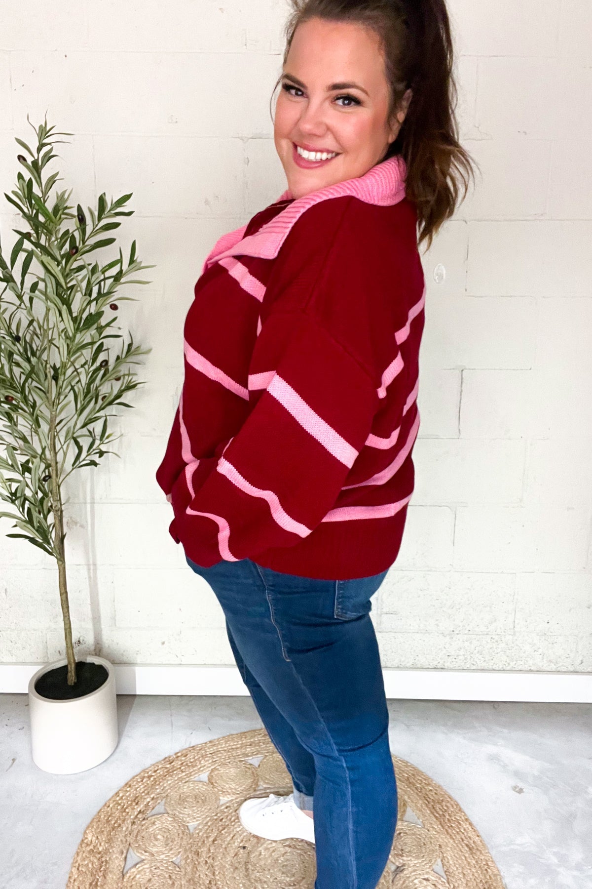 Fall For You Crimson Stripe Notched Neck Collared Oversized Sweater - Women's Cozy Knit Pullover for Autumn & Winter | Perfect for Casual Outfits, Date Nights & Holiday Gatherings