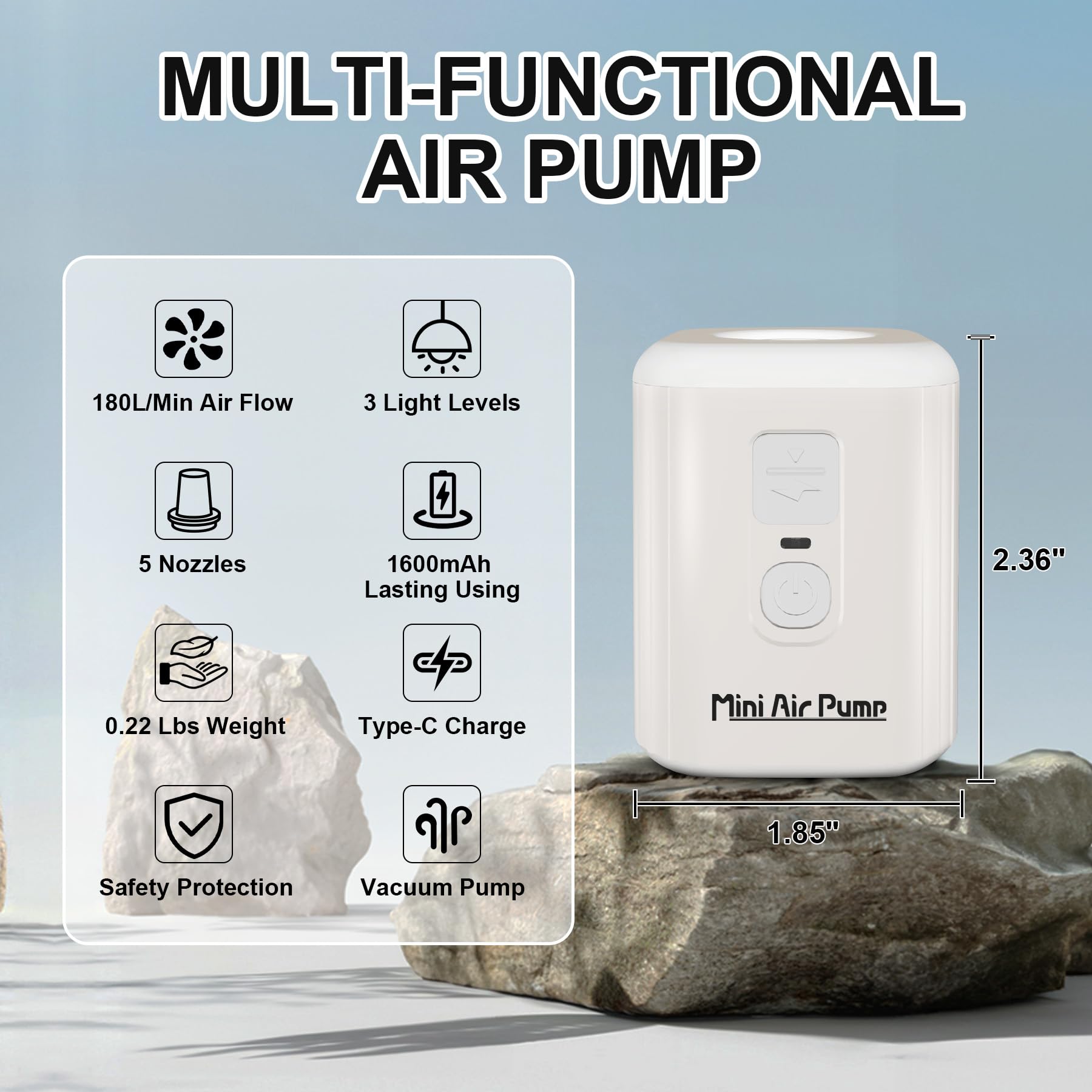 Portable Electric Air Pump for Inflatables - 1600mAh Rechargeable Battery with Built-in Camping Light | Fast Inflation for Air Mattress, Pool Floats, Swimming Rings & Vacuum Storage Bags | Perfect for Camping, Travel, Beach & Home Use