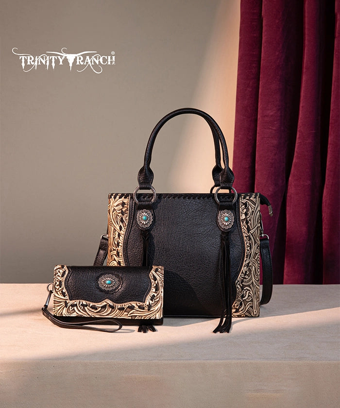 Trinity Ranch Floral Tooled Concho Tote Bag Set - Western Style Leather Handbag for Women - Perfect for Cowgirl Fashion, Rodeo Events & Country Outfits