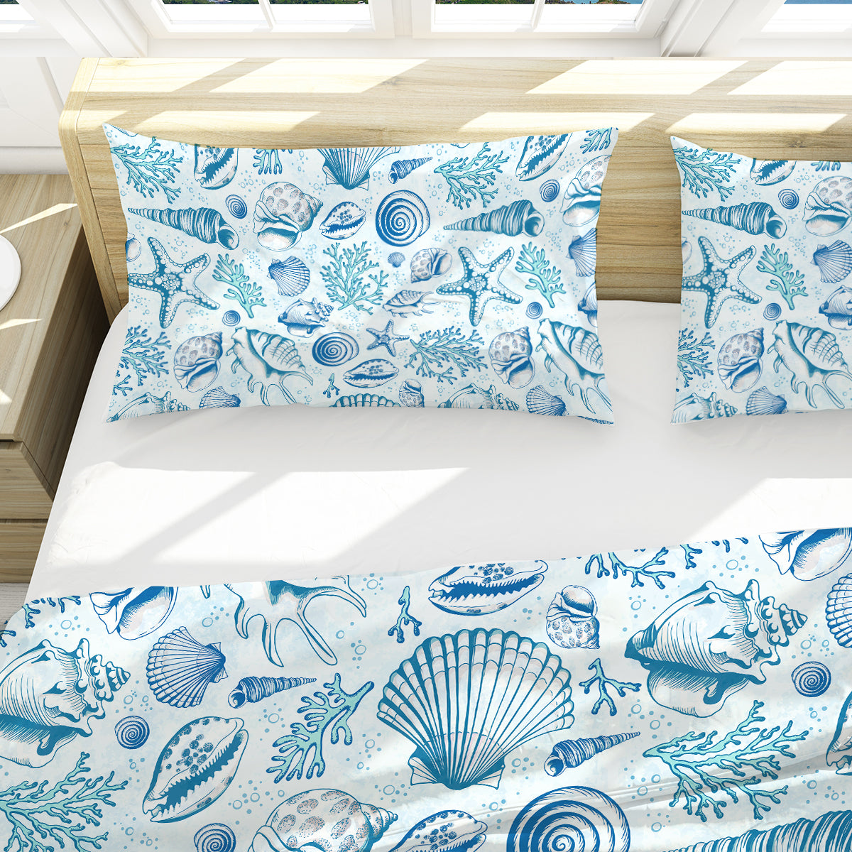 Blue Seashells Duvet Cover Set King Size - Ocean Theme Coastal Bedding - 3 Piece Luxury Soft Microfiber Comforter Cover with Pillow Shams - Perfect for Beach House, Guest Room & Coastal Decor