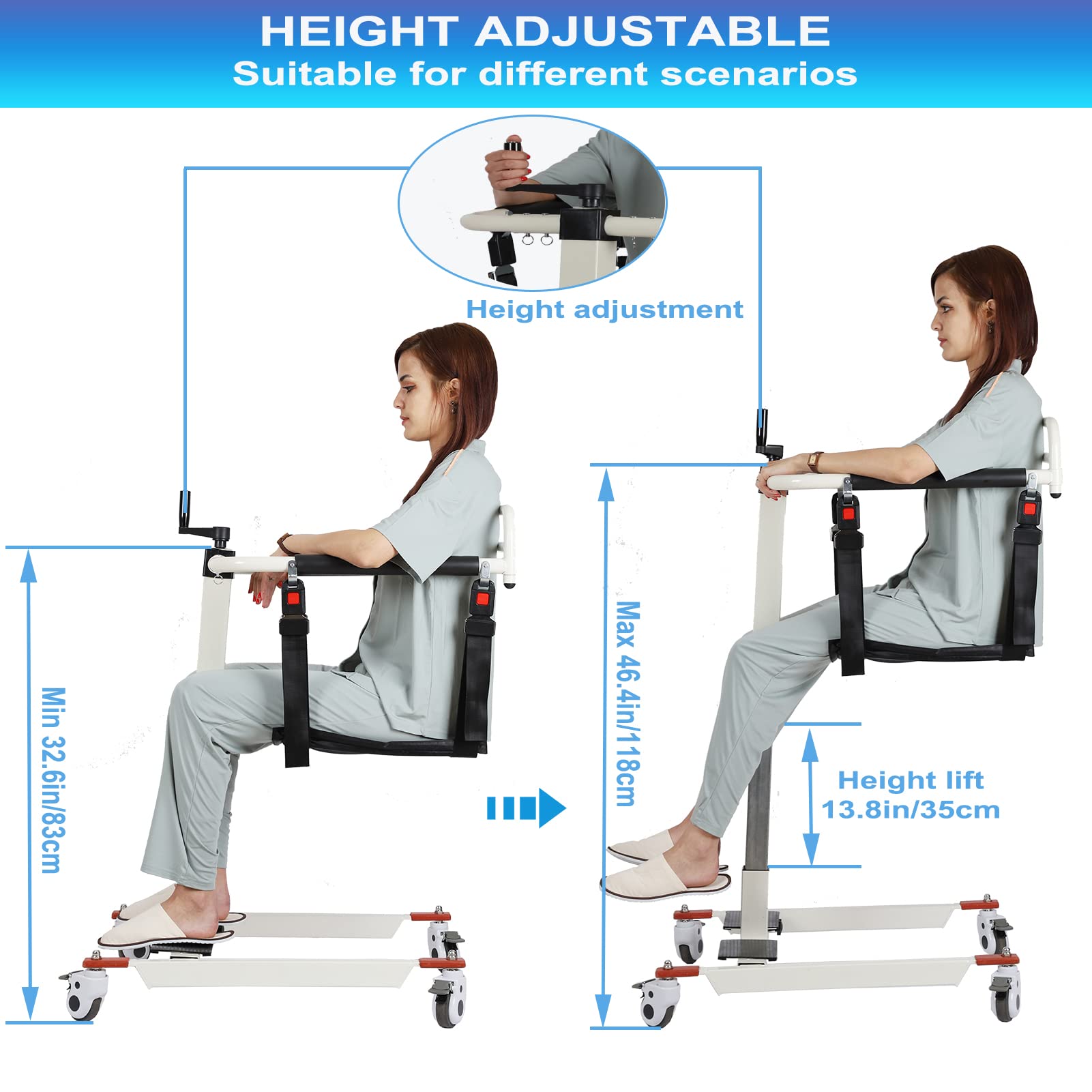 Portable Patient Lift Wheelchair for Home - Shower Chair with Wheels & Transfer Aid - Foldable Toilets Seat for Elderly & Disabled - Ideal for Bathroom, Bedroom & Mobility Assistance
