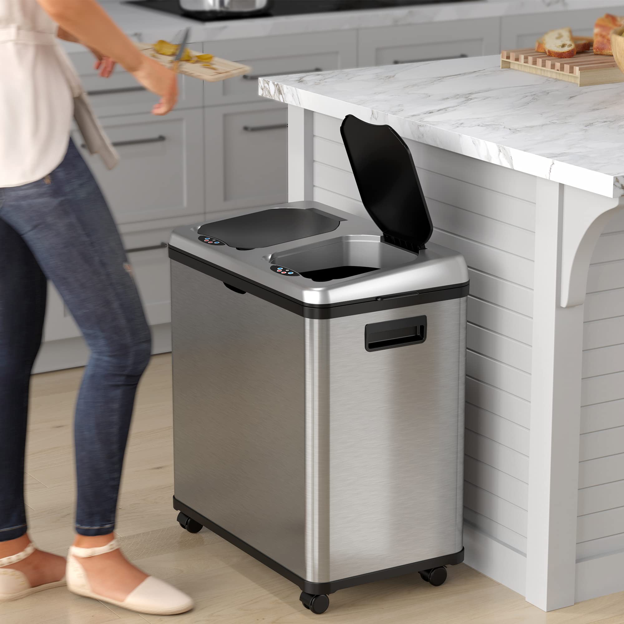 iTouchless 16 Gallon (60 Liter) Stainless Steel Touchless Sensor Trash Can & Recycle Bin with Wheels - Dual-Compartment Kitchen Garbage Can (2 x 8 Gallon) for Waste Sorting, Recycling, and Hygienic Disposal - Perfect for Home, Office, and Restaurant Use