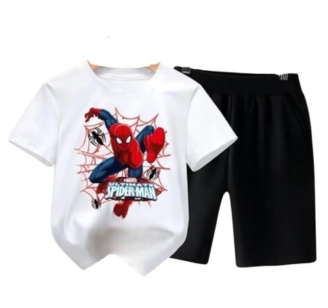 Spider-Man Kids T-Shirt & Shorts Set - 100% Cotton Casual Regular Fit for Boys & Girls | Superhero Costume, Birthday Gift, Playdate Outfit
