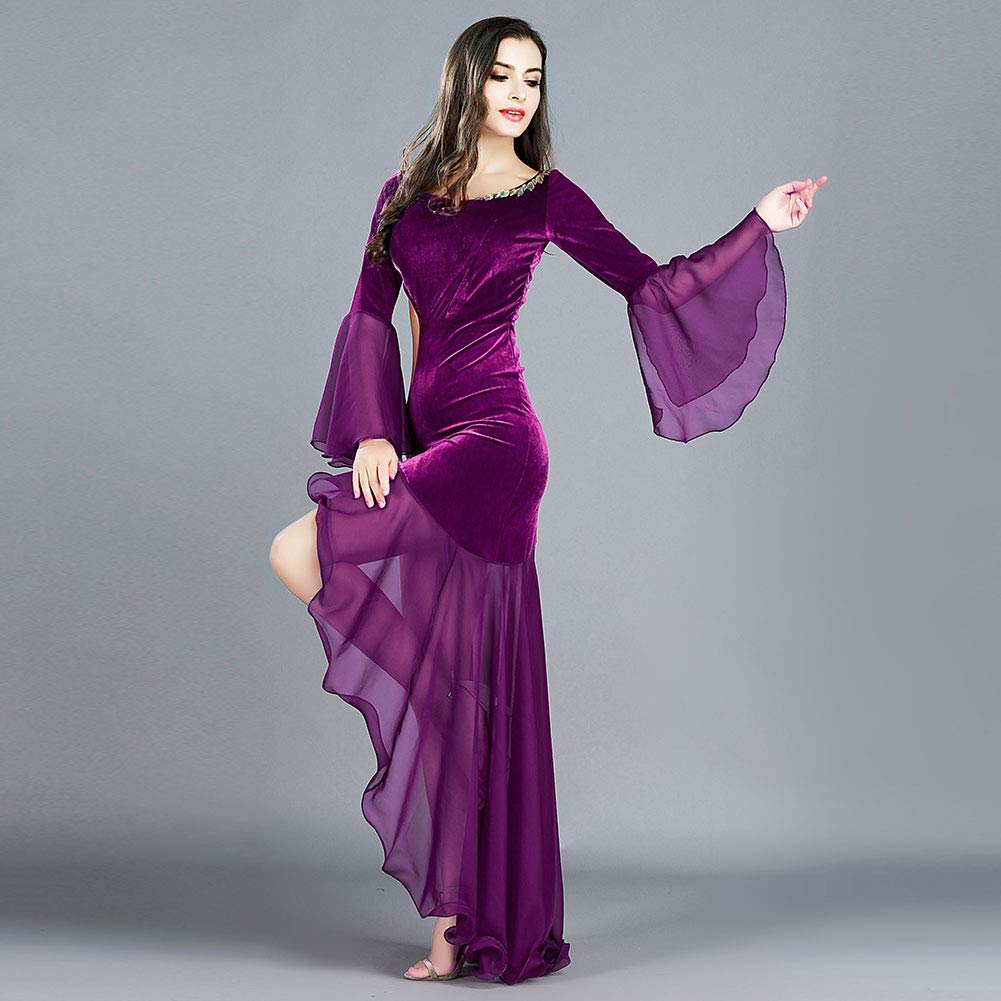 ROYAL SMEELA Women's Belly Dance Costume - Chiffon Long Sleeve Velvet Dress for Party, Evening, Carnival, Performance, Stage Show, Halloween, Cosplay