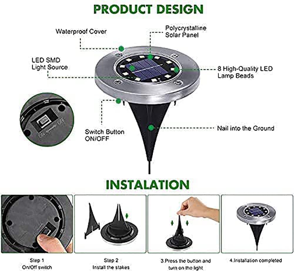 12 Pack Solar Lights Outdoor Garden - 8 LED Waterproof Disk Lights for Pathway, Driveway, Lawn & Yard | Solar Powered Ground Lights for Walkway, Patio & Landscape Decor (White) - Perfect for Nighttime Safety & Outdoor Ambience