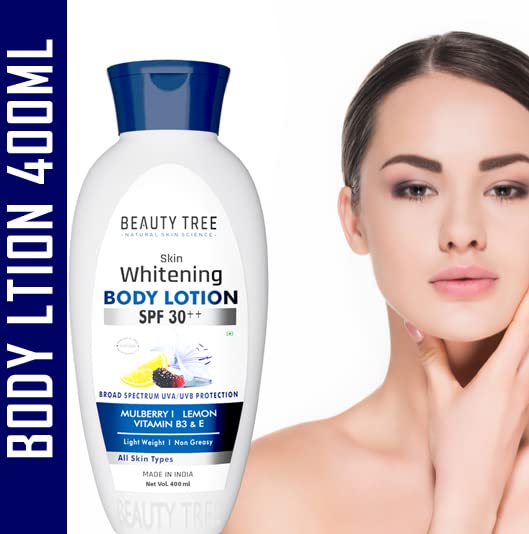 BEAUTY TREE Skin Whitening Body Lotion SPF 30 with Mulberry Extract, Lemon Oil, Vitamin B3 & E | Brightening & Sun Protection Moisturizer 400ml | Perfect for Daily Hydration & UV Defense
