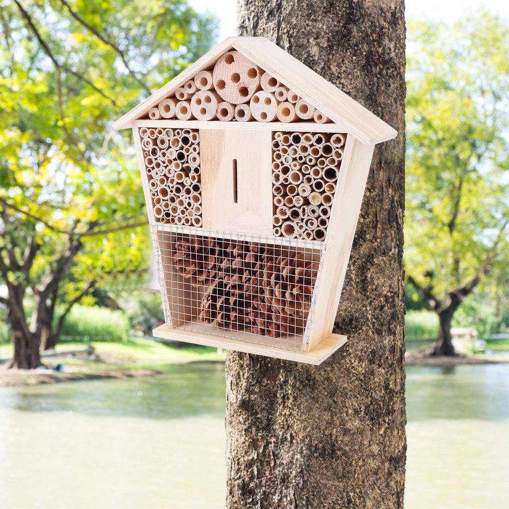 Natural Pine Wood Bee House - Non-Toxic Insect Hotel Shelter for Beekeeping & Garden Decoration | Handcrafted Bee Hive for Outdoor Pollinator Habitat & Backyard Wildlife Conservation