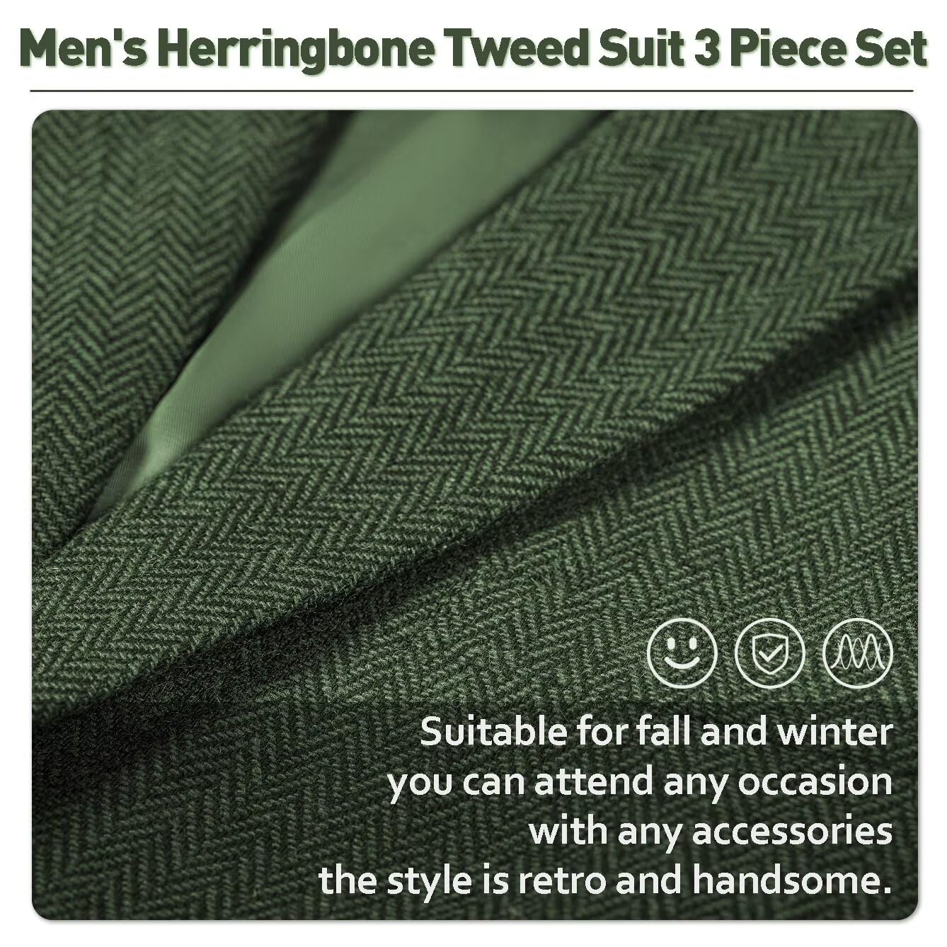 Men's Slim Fit Tweed Herringbone 3-Piece Suit - Wedding, Groomsmen, Prom & Formal Occasions | Tuxedo Jacket, Vest & Pants Set for Special Events