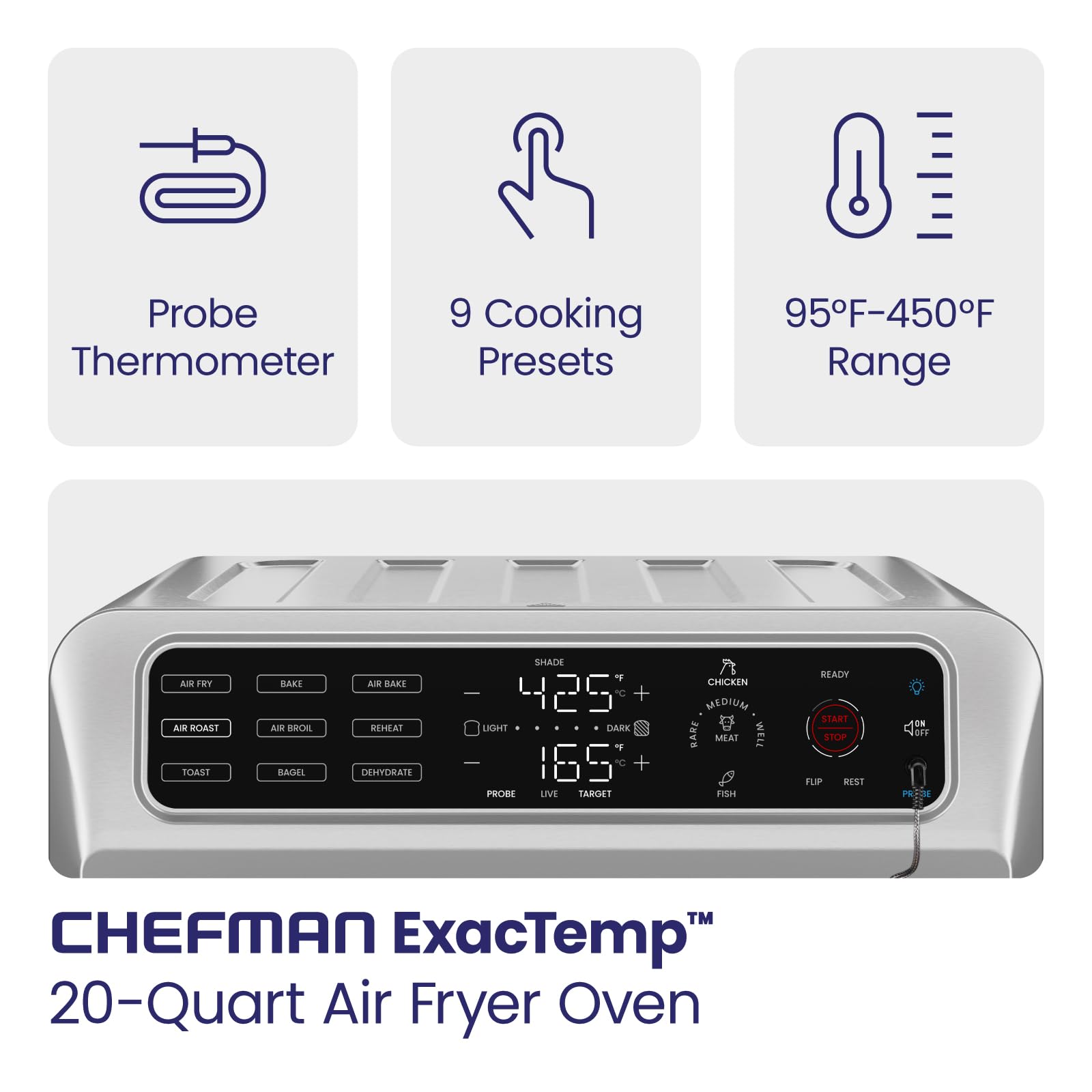 Chefman 12-in-1 Air Fryer Toaster Oven Combo with Probe Thermometer - 20QT Stainless Steel Convection Countertop Oven for Baking, Roasting & Toasting - Fits 10