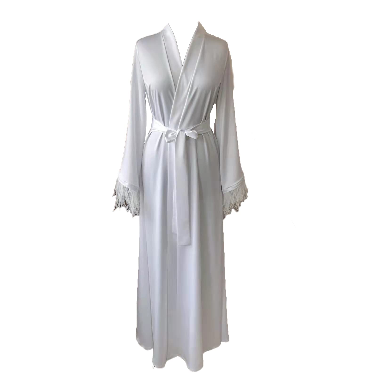 Luxury Stretch Satin Bridal Robe - Long Wedding Nightgown & Bathrobe with Ostrich Feather Trim - Elegant Sleepwear for Brides & Bridesmaids - Perfect for Wedding Morning, Honeymoon & Special Occasions