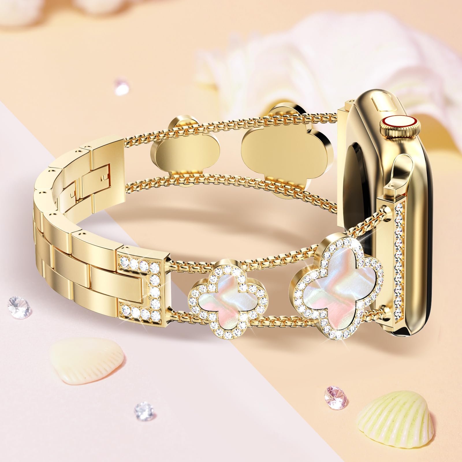 Sparkling Diamond Clover Apple Watch Band for Women - Compatible with Series 10/9/8/7/6/5/4/3/2/1, SE & Ultra (38mm/40mm/41mm) - Luxury Replacement Bracelet for Workouts, Parties & Everyday Wear