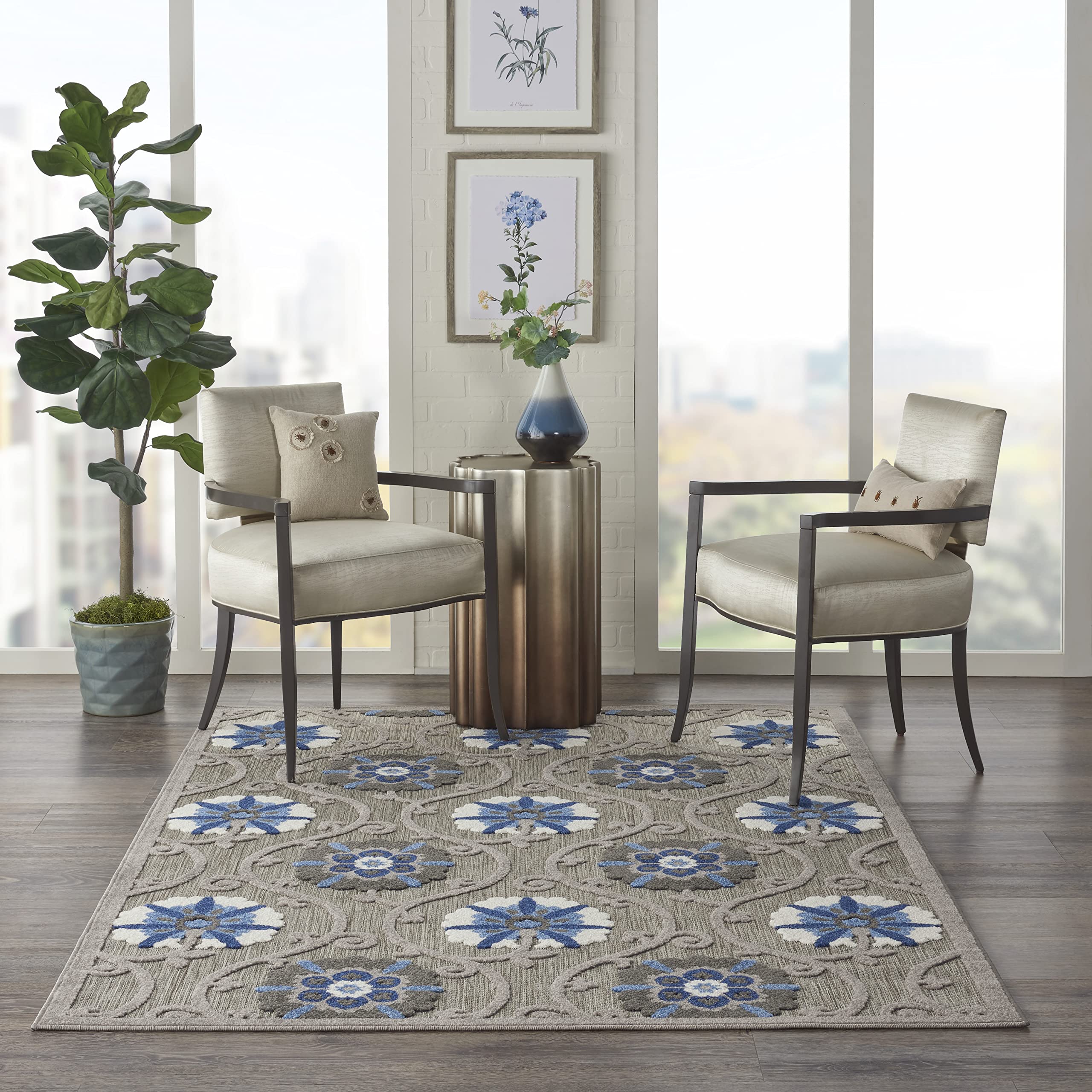 Nourison Aloha 6' x 9' Indoor/Outdoor Area Rug - Soft Grey & Blue Design, Easy to Clean, Non-Shedding - Perfect for Bedroom, Living Room, Dining Room & Kitchen (6x9) | Great for Patio, Deck & High-Traffic Areas