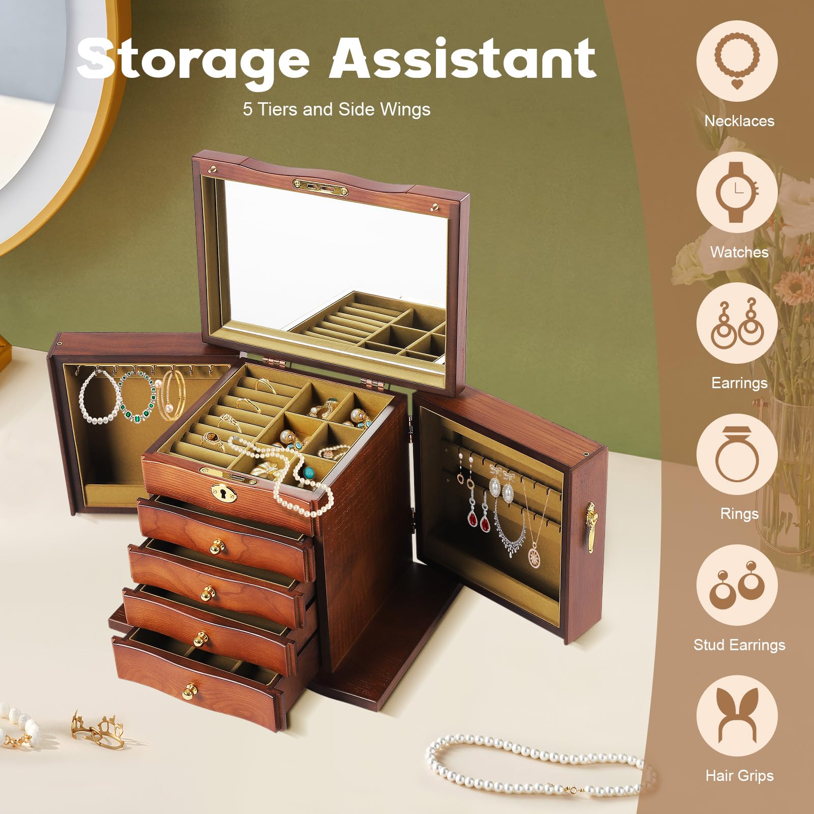 Large Wooden Jewelry Box with Mirror & Lock - 5-Tier Jewelry Organizer for Necklaces, Rings & Watches | Secure Storage for Women's Accessories | Perfect for Bedroom Vanity, Travel & Gift Giving